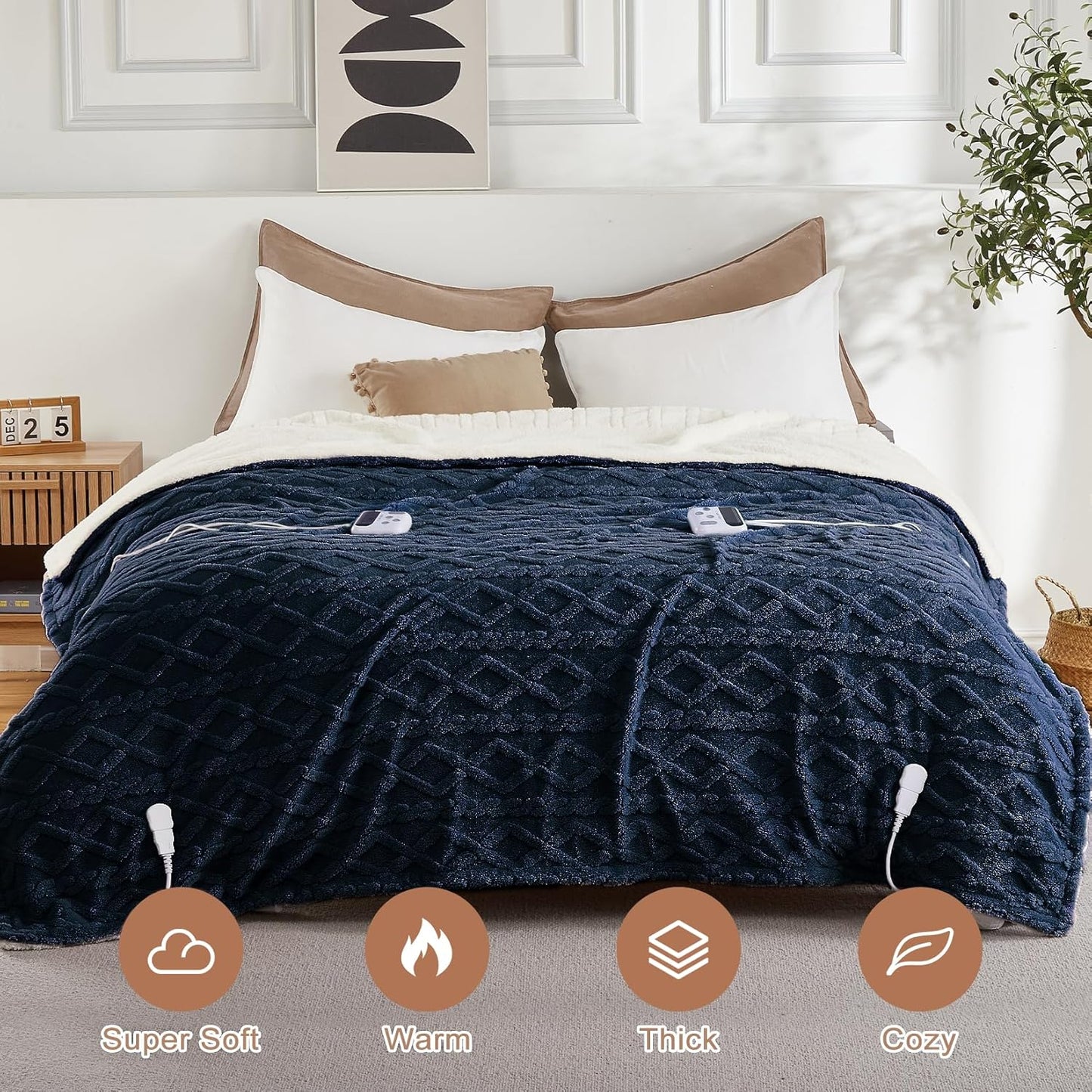 CAROMIO Electric Blanket King Size Dual Control - Thick Tufted Sherpa Heated Blanket King with 10 Heating Levels and 10 Time Settings, ETL Certified Fast Heating Blanket King Size 90"×100", Navy Blue