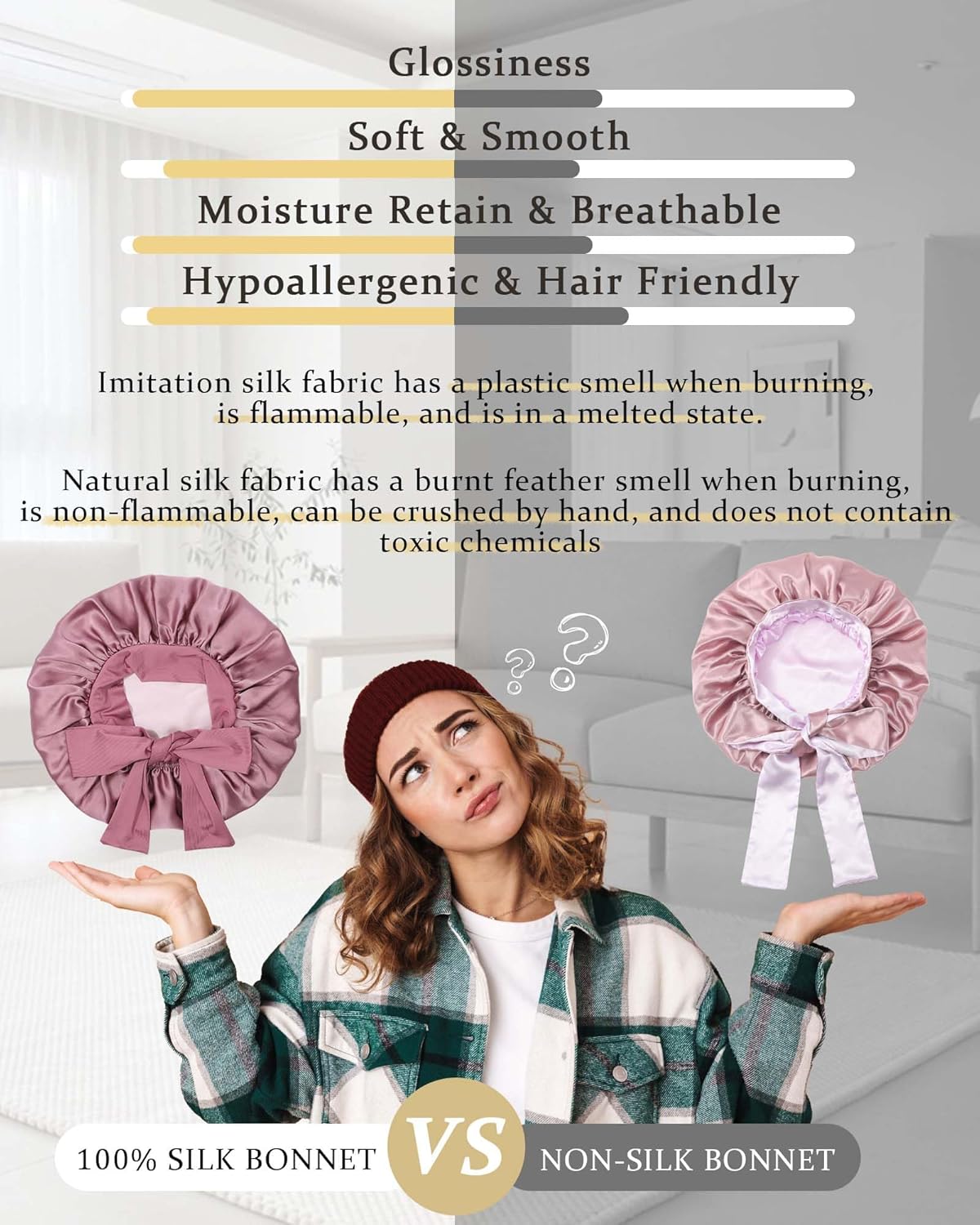 100% Mulberry Silk Bonnet for Sleeping Women Double Layer Silk Hair Bonnet Natural Silk Sleep Cap with Elastic Reversible Hair Wrap (Bean Paste + Light Pink)
