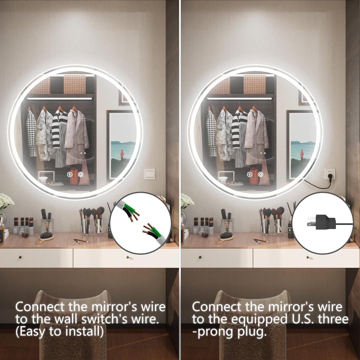 28-Inch Frameless Round LED Bathroom Mirror with Anti-Fog, Memory Function, Dimmable Front & Backlit Lights, 6000K Daylight, 5mm HD Glass, Touch Control