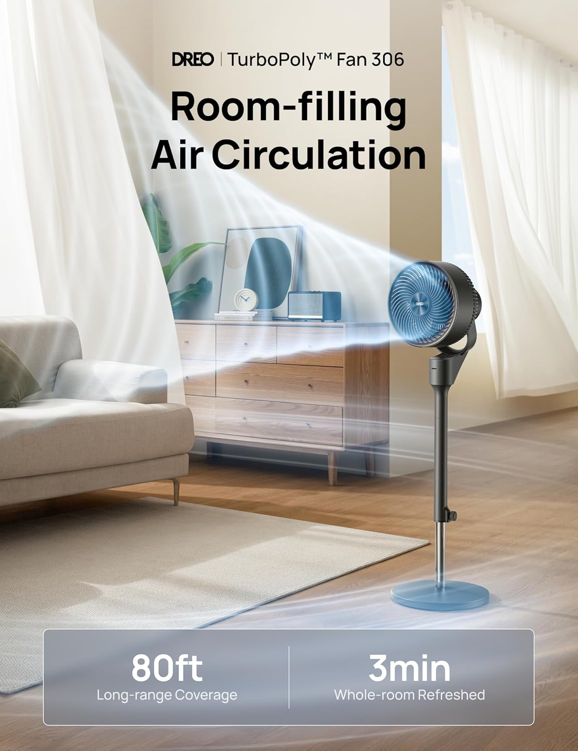 Dreo Fan for Bedroom, 80° Oscillating Standing Fan, 25dB Quiet, 80ft Pedestal Fans for Home Office, 90° Manual Vertical, 3 Speeds, Remote, 34-41" Adjustable Height, Air Circulator