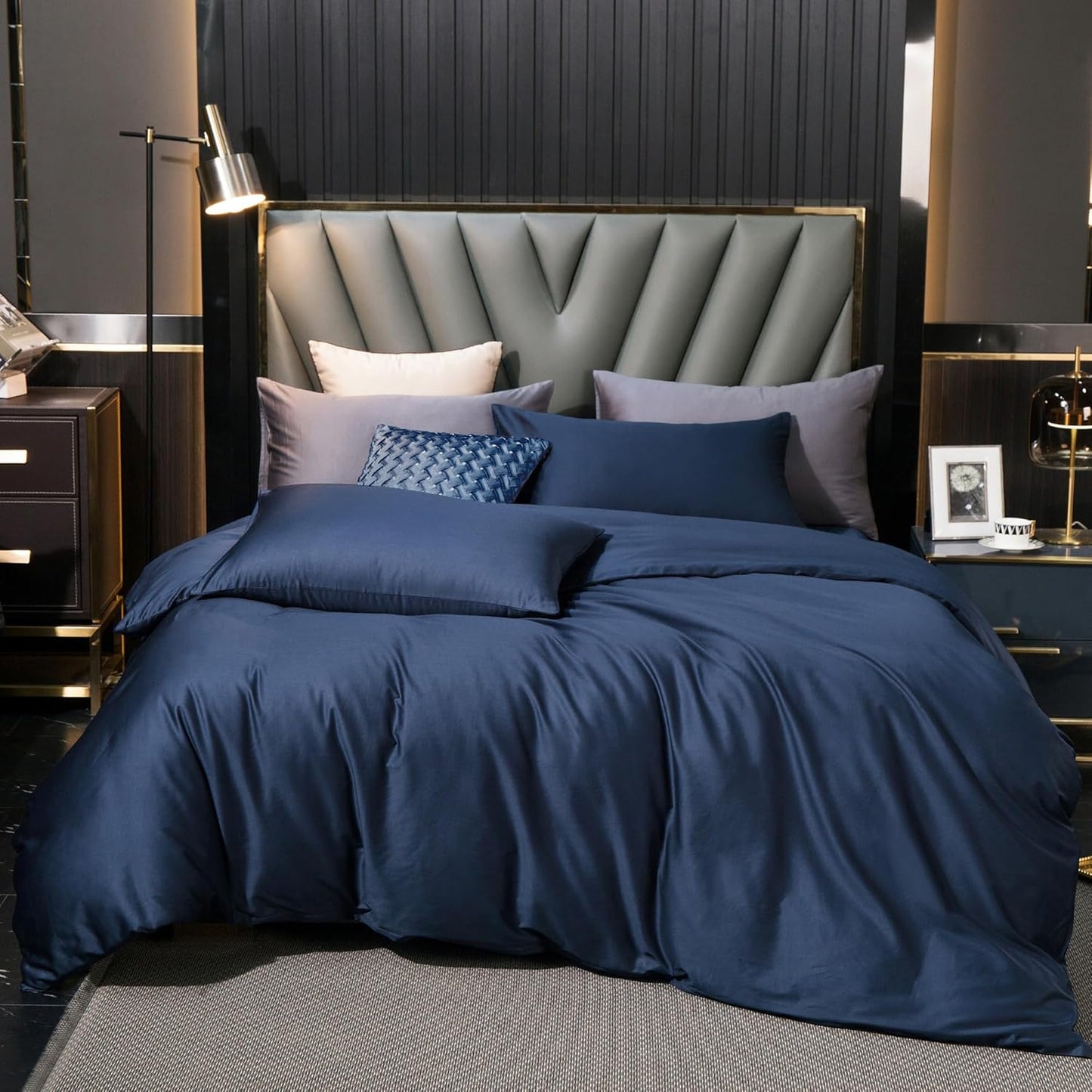 MooMee Duvet Cover Set 100% Extra Long Staple Cotton 600 Thread Count Silky Sateen Smooth Luxury Soft Breathable Durable Hotel Quality Bedding, 3 Pieces (Navy Blue, King 104"x90")