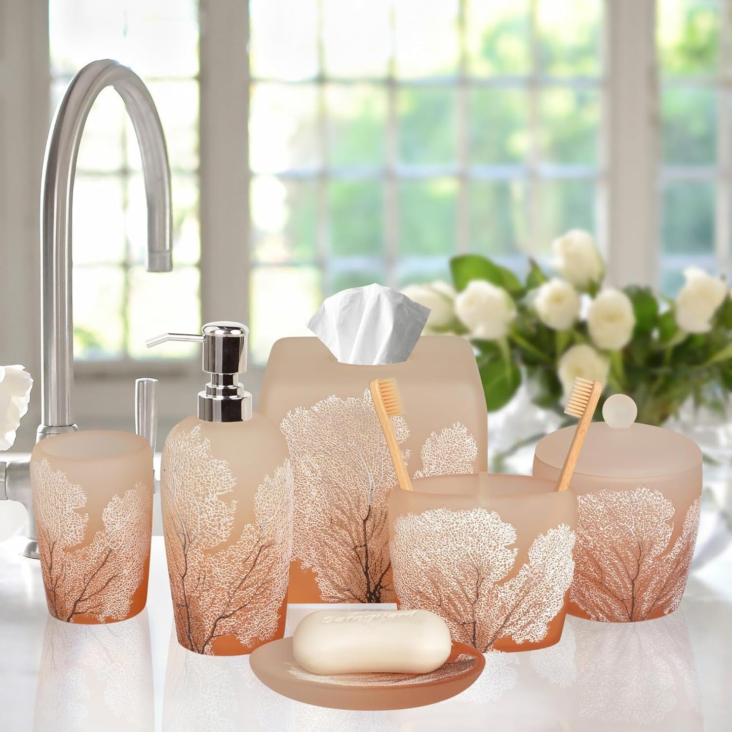 Decozen Bathroom Accessories Set 6Pcs – Soap Dispenser, Toothbrush Holder, Tumbler, Soap Dish & Cotton Swab Jar – Modern Bathroom Decor, Bath Set for Christmas Decor, Carruthers