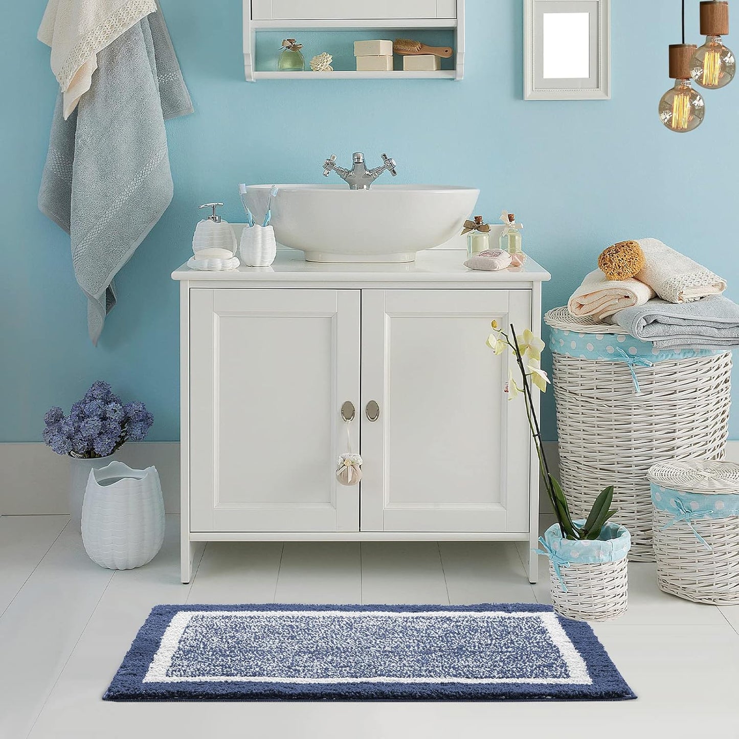 CozeCube Bath mats for Bathroom Non Slip, Fluffy Absorbent Microfiber Bath mat Washable, Aesthetic Bathroom Rugs, Large Navy Blue Bath mat, Navy Blue, 36" x 24"