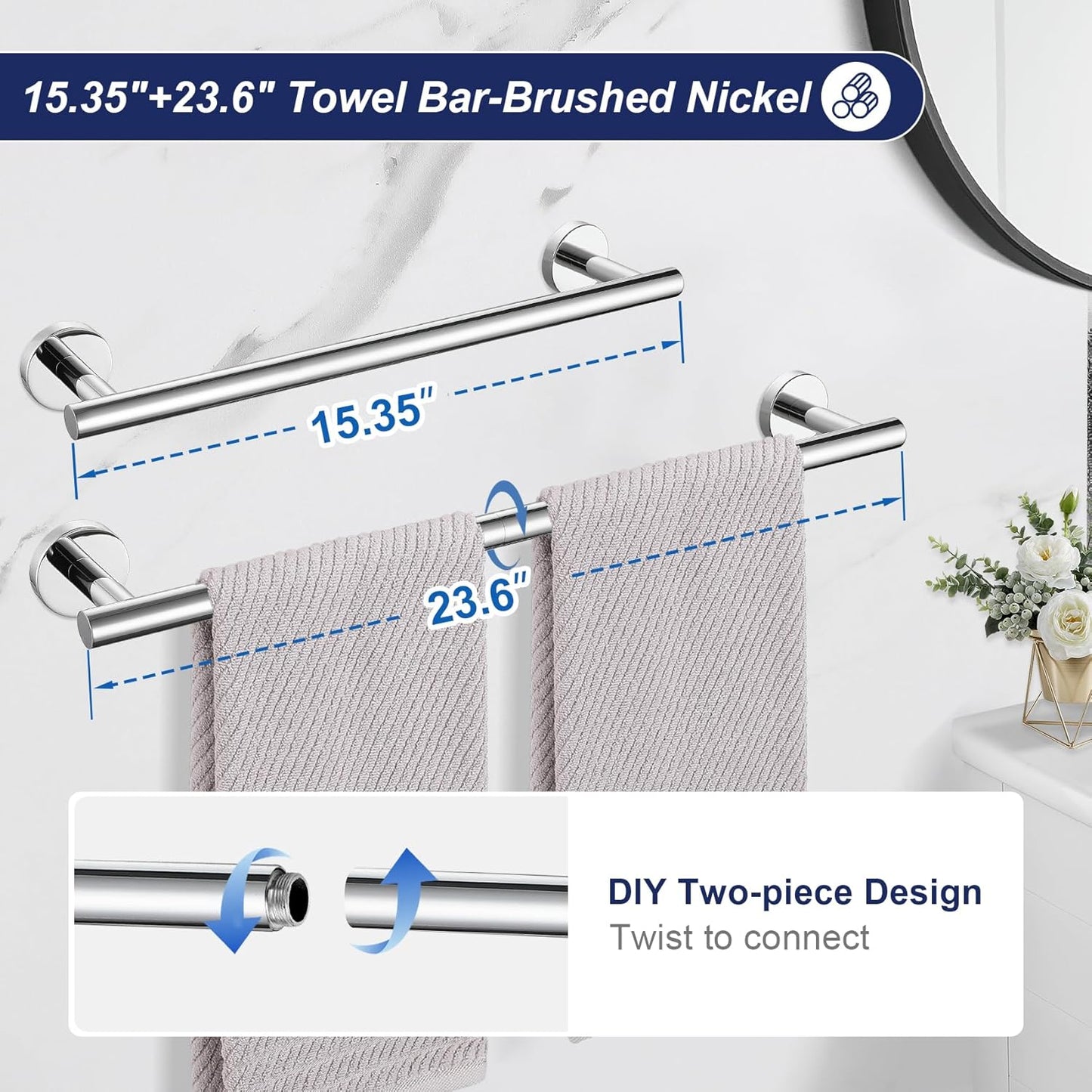 5 Pieces Bathroom Hardware Set, 23.6-inch+15.35-inch Bathroom Towel bar SUS304 Stainless Steel Bathroom Towel Bar Set Polished Chrome
