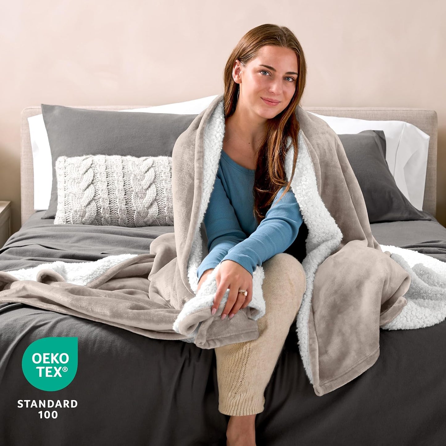 Bare Home Sherpa Fleece Blanket - Full/Queen Size - Blanket for Bed, Sofa, and Couch - Warm & Lightweight - Fluffy & Soft - Reversible (Full/Queen, Light Taupe)