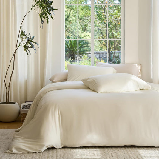 DOZ Duvet Cover Set, 100% Viscose derived from Bamboo, Organically Grown, Buttery Soft, Cooling Duvet Covers, High GSM, 1 Duvet Cover and 2 Pillowcases, 90"x90" (Ivory, Full/Queen)