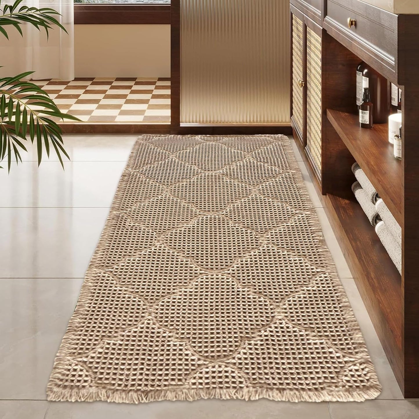 ZALL Tan Waffle Bath Mat,Super Absorbent Non Slip Bathroom Rug,Brown 24x48inch, Geometric Diamond Machine Washable Ultra Soft Floor Mats