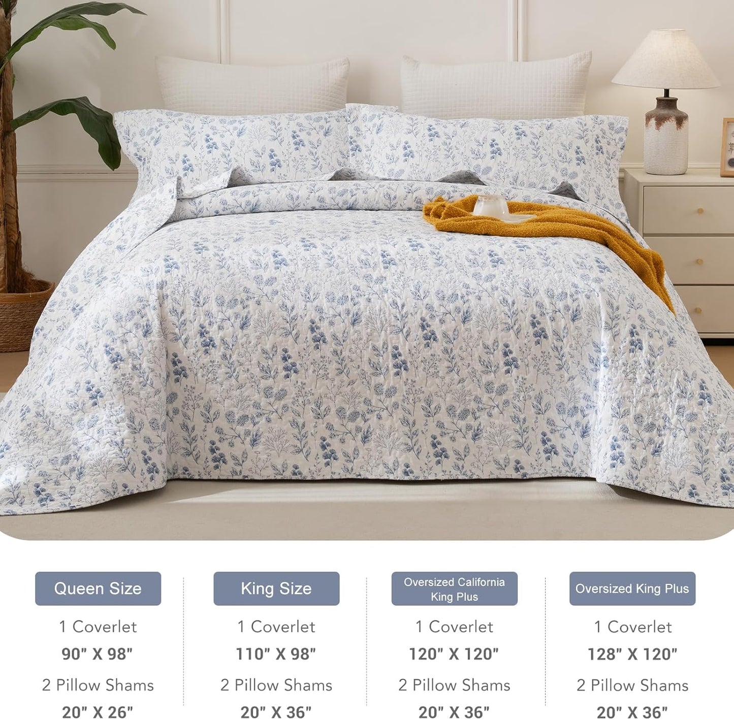 Lady Ann Cotton Quilt Sets King Size - Blue and White Floral & Leaves Pattern Botanical Printed Quilted Bedding, 3 Pcs Lightweight Soft Bedspread Sets King Coverlet for All Season