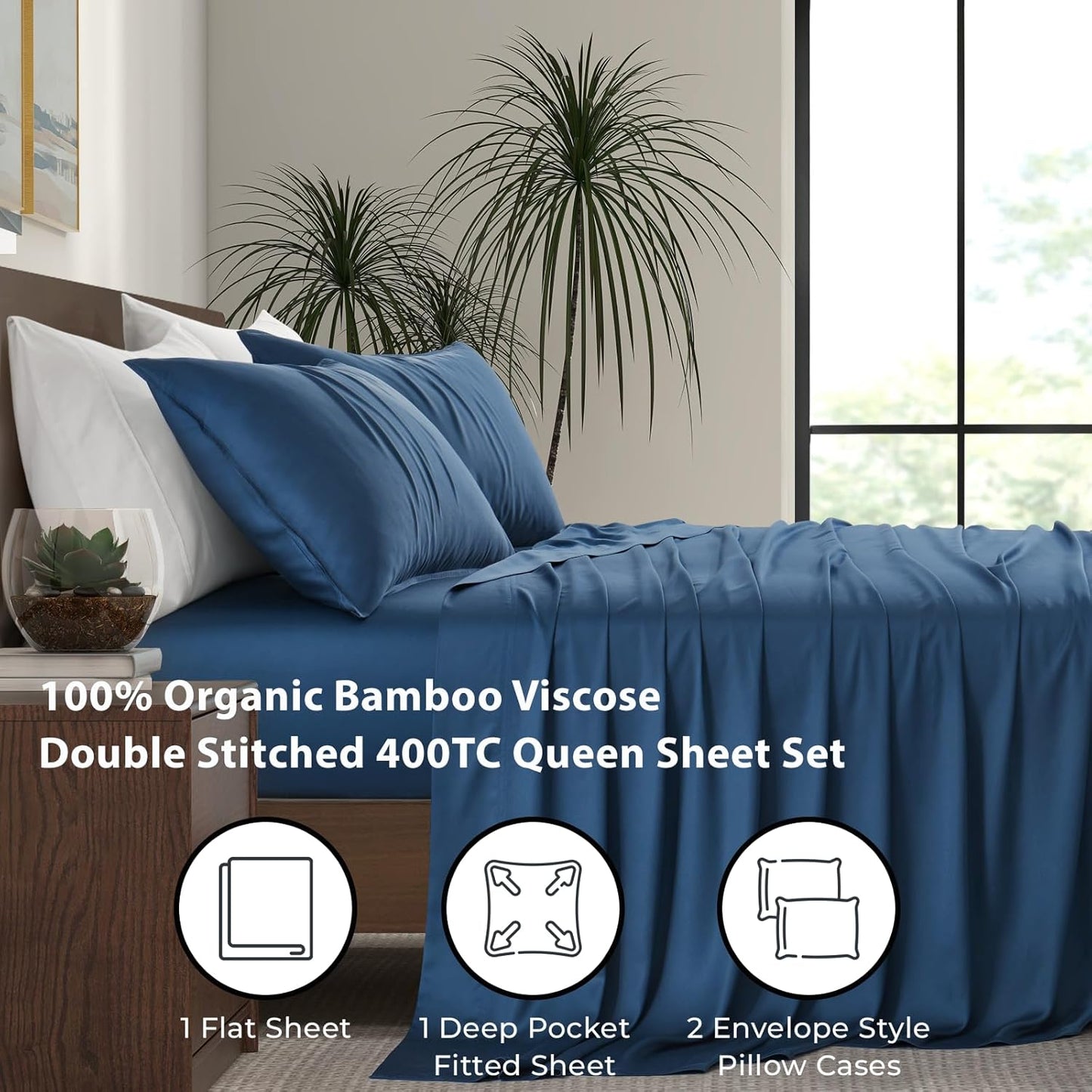 Luxury Bamboo Market | Queen Size Bed Sheet Set | 100% Viscose Made from Bamboo | Organically Grown | Ultra Soft | Cooling Sheets for Hot Sleepers | 17" Deep Pocket [Midnight Blue]