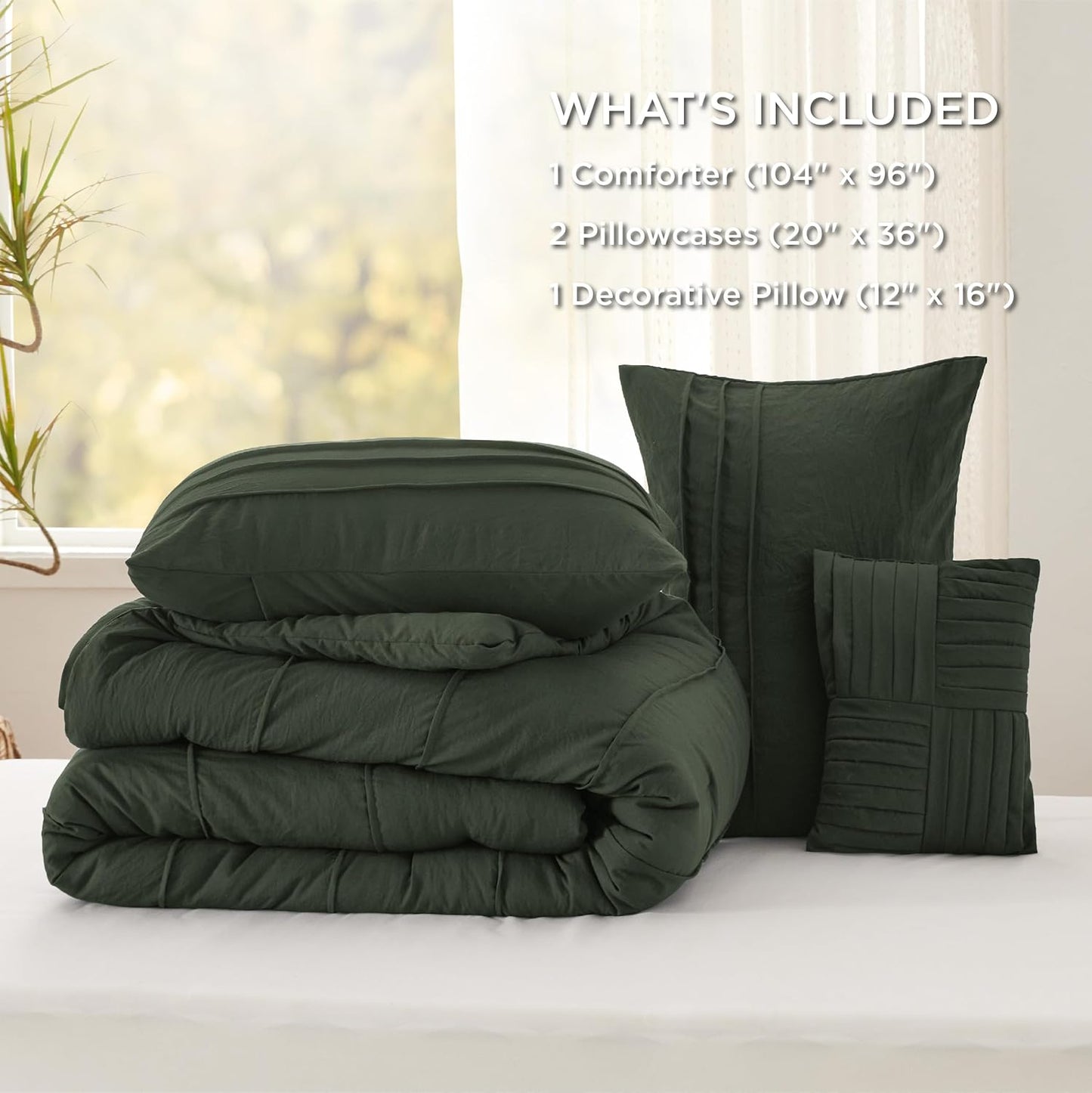 Bedsure California King Comforter Set - 4 Pieces Pinch Pleat Bed Set, Olive Green Boho Bedding for All Season, 1 Soft Comforter, 2 Pillowcases, 1 Decorative Pillow