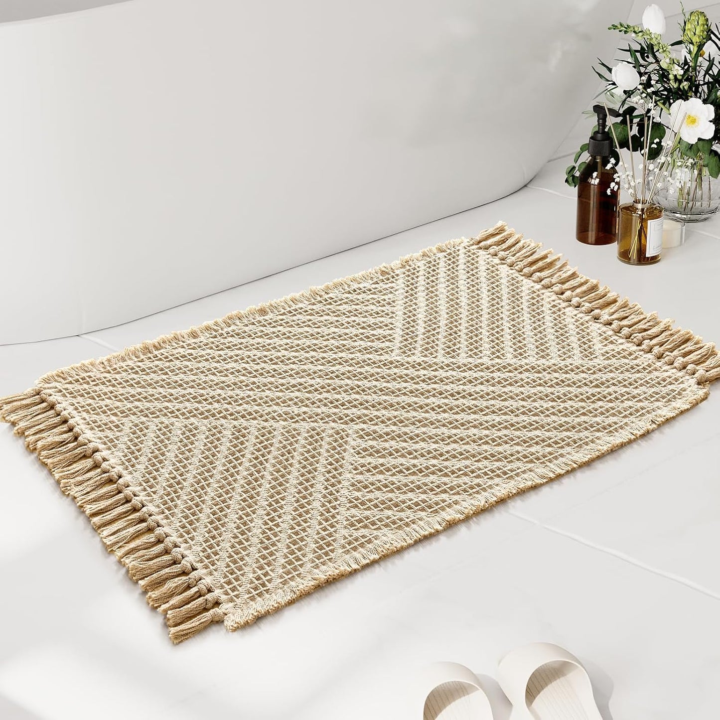 H.VERSAILTEX Waffle Bath Mat Super Absorbent Boho Bath Mat Non Slip Bath Rugs for Bathroom Floor Machine Washable Dry Fast Bathroom Rugs with Tassels, 20" x 32", Sand