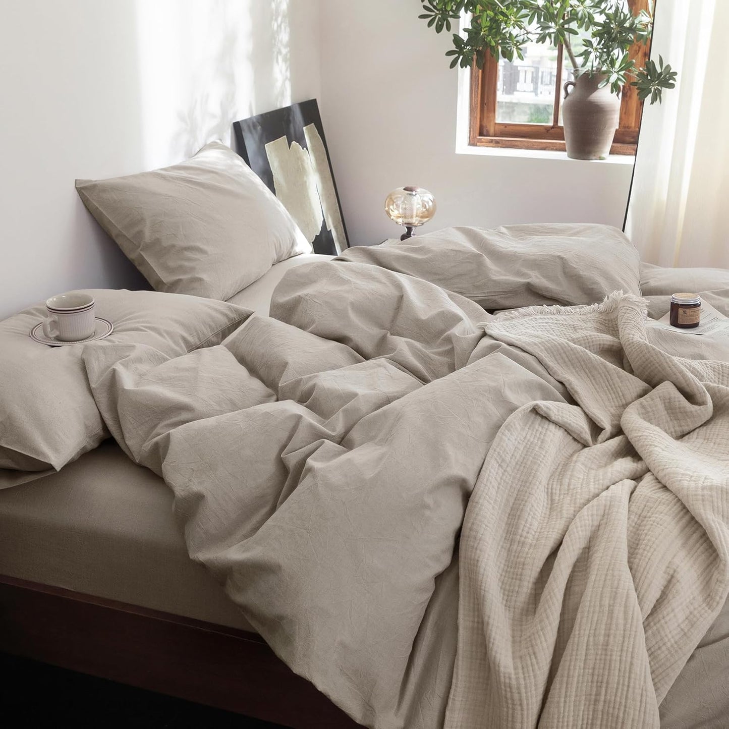 FOSSA Duvet Cover Set 100% Washed Cotton Linen Feel Super Soft Breathable Cozy 3 Pieces Bedding Sets Solid Cream Grey Queen