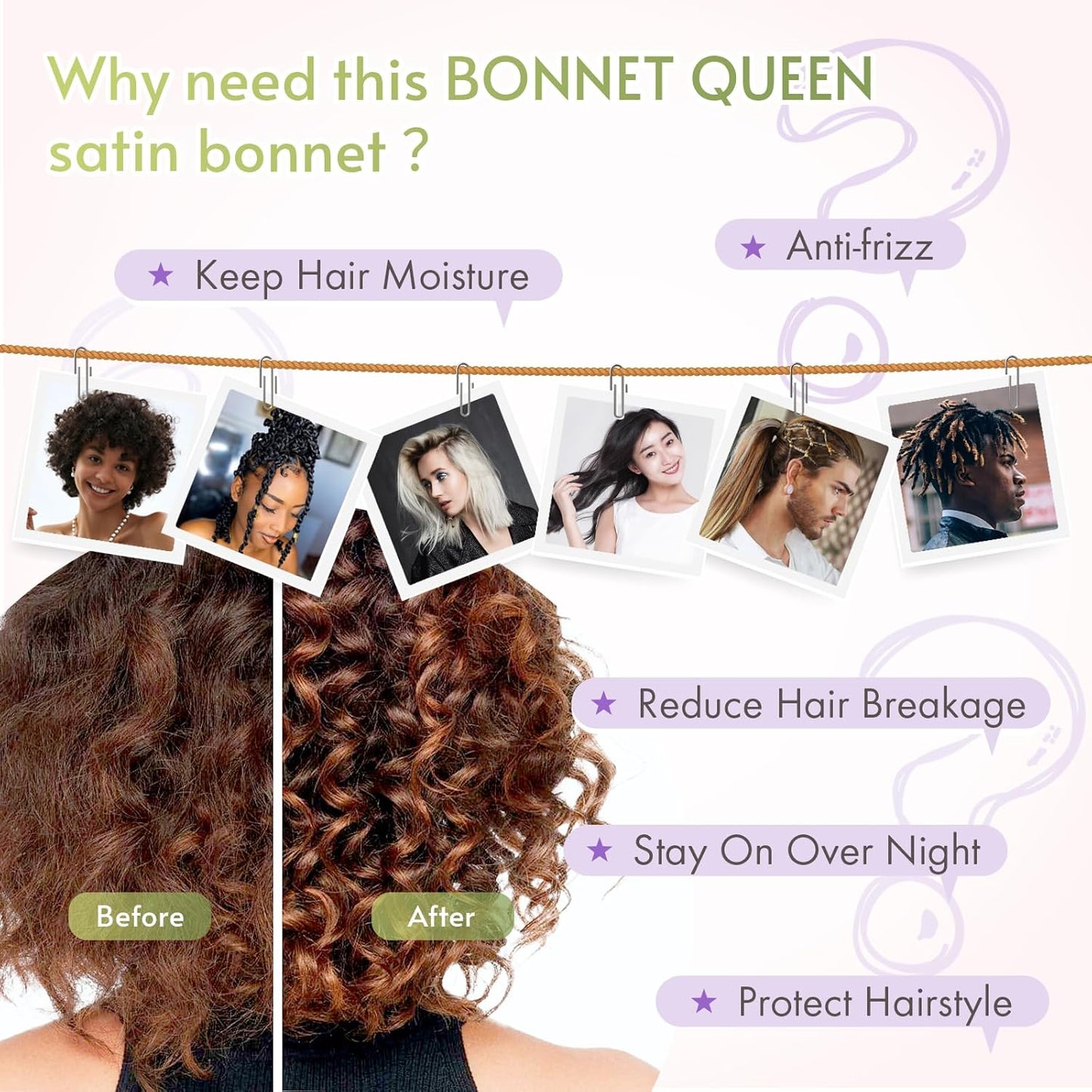 BONNET QUEEN Silk Bonnet for Sleeping Women Satin Bonnet Night Sleep Cap Wrap for Curly Hair with Adjustable Tie Band,Purple