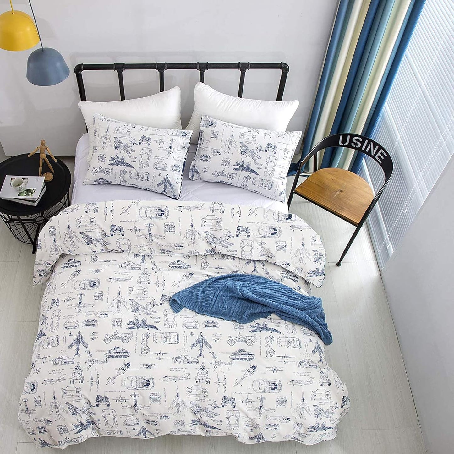 KAREVER Aircraft Comforter Set Full Boys White Cartoon Bedding Set Alternative Comforters Airplane Car Tank Printed White Bedding Blanket Full for Children Teen Boy with Microfiber Inner Insert