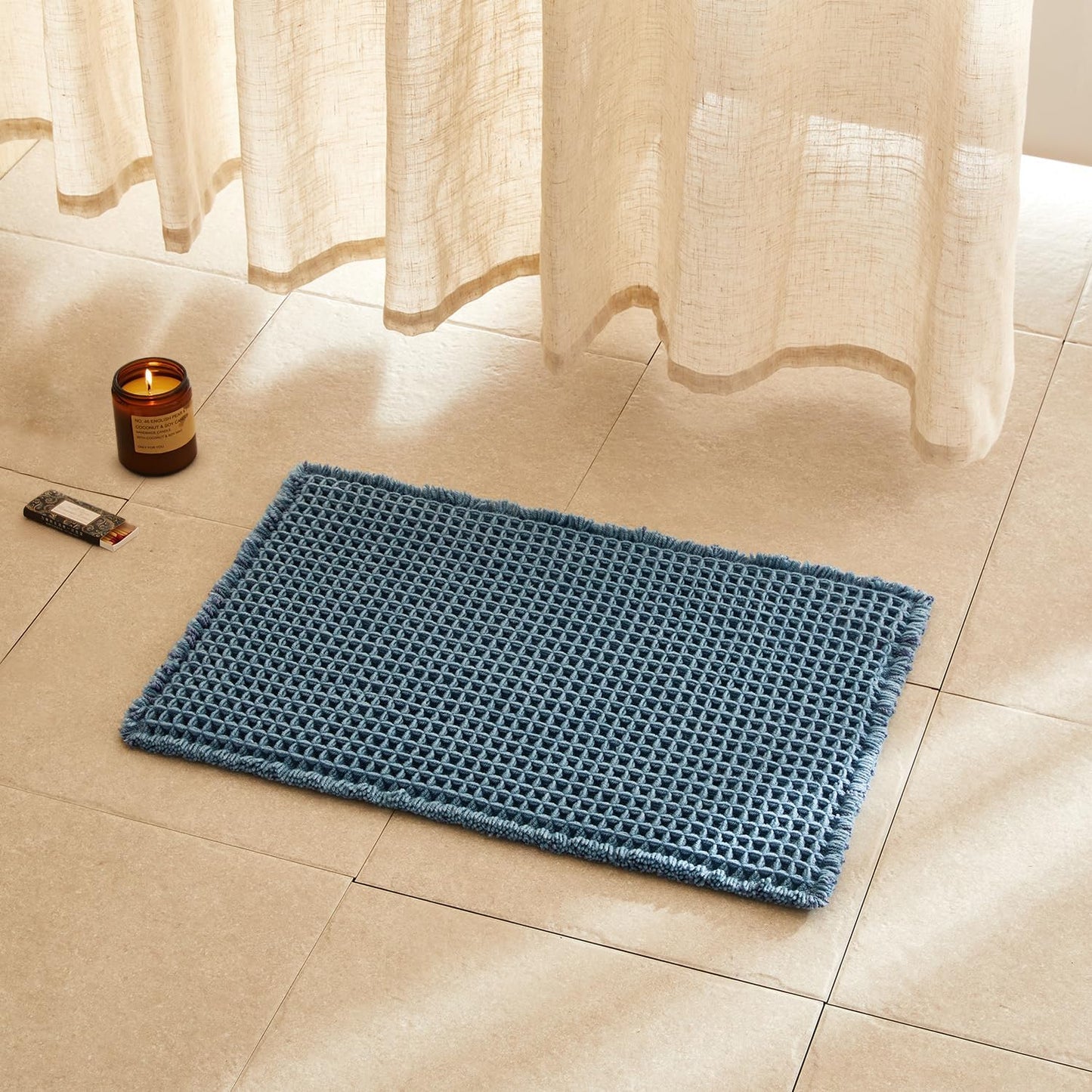 Waffle Bath Mat, Boho Bathroom Rugs Non Slip Washable Super Absorbent Quick Dry Bath Mat Farmhouse Bathroom Decor, 24"x16" Denim Blue