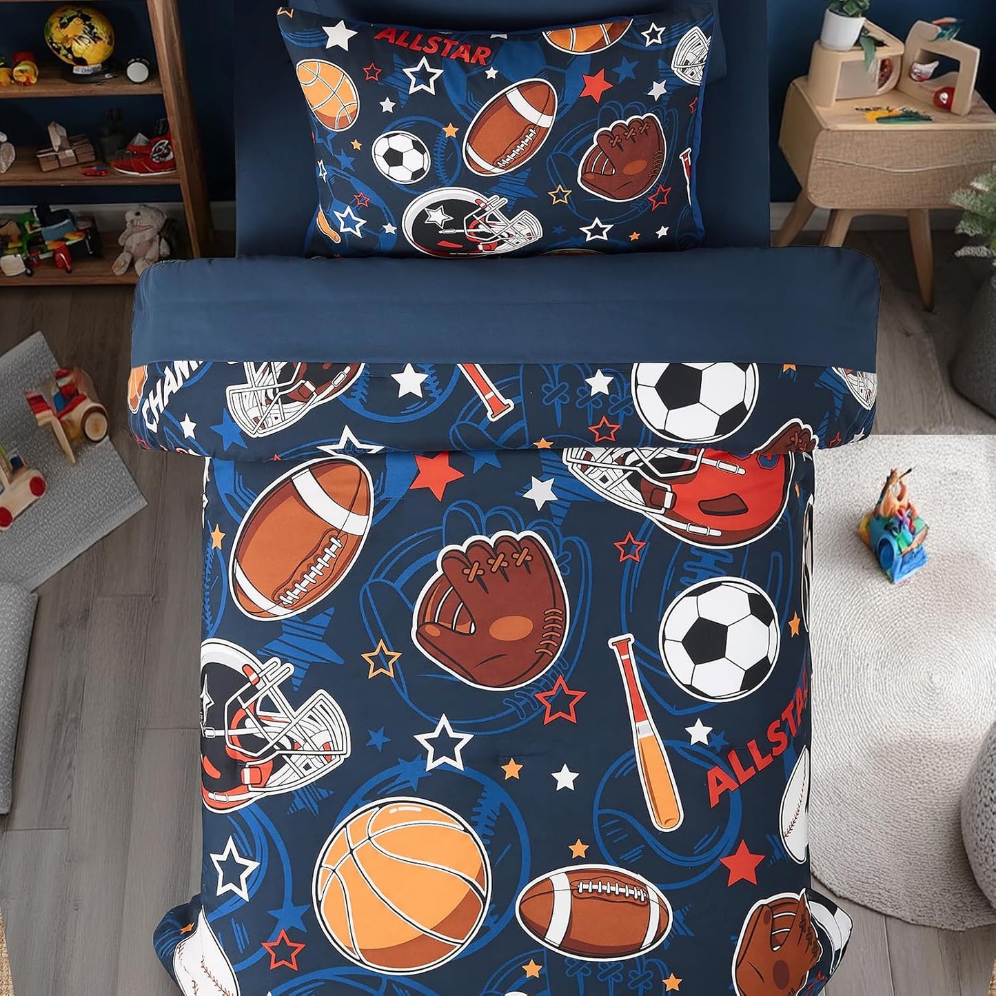 Twin Comforter Set for Boys-5 Pieces Sports Ball Games Glow in The Dark Twin Bedding Sets for Kids, Ultra Soft Bed in A Bag with Sheets