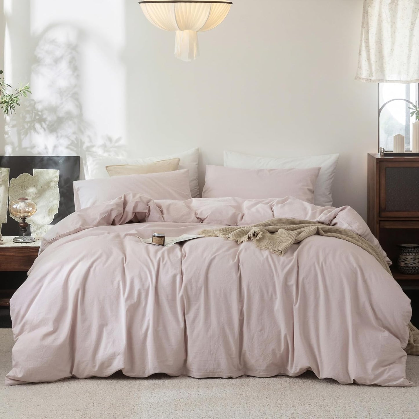 FOSSA Duvet Cover Set 100% Washed Cotton Linen Feel Super Soft Breathable Cozy 3 Pieces Bedding Sets Solid Greyish Pink Super King Plus