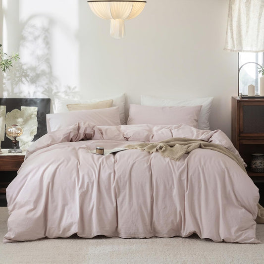 FOSSA Duvet Cover Set 100% Washed Cotton Linen Feel Super Soft Breathable Cozy 3 Pieces Bedding Sets Solid Greyish Pink Super King Plus