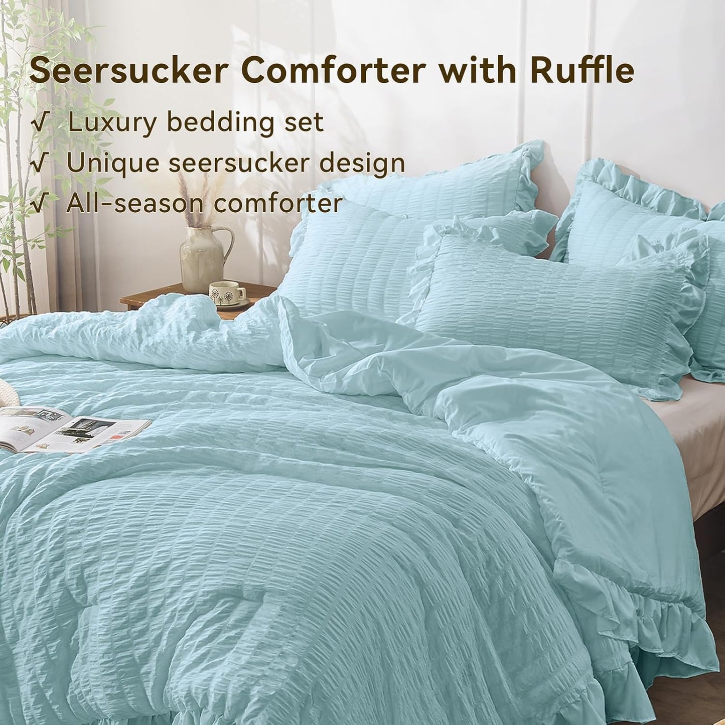 JOLLYVOGUE Blue Comforter Full Size, 3 Pieces Seersucker Lightweight Full Size Bedding, All Season Fluffy Microfiber Bedding Comforter Set with 1 Ruffle Comforter and 2 Ruffle Pillowshams