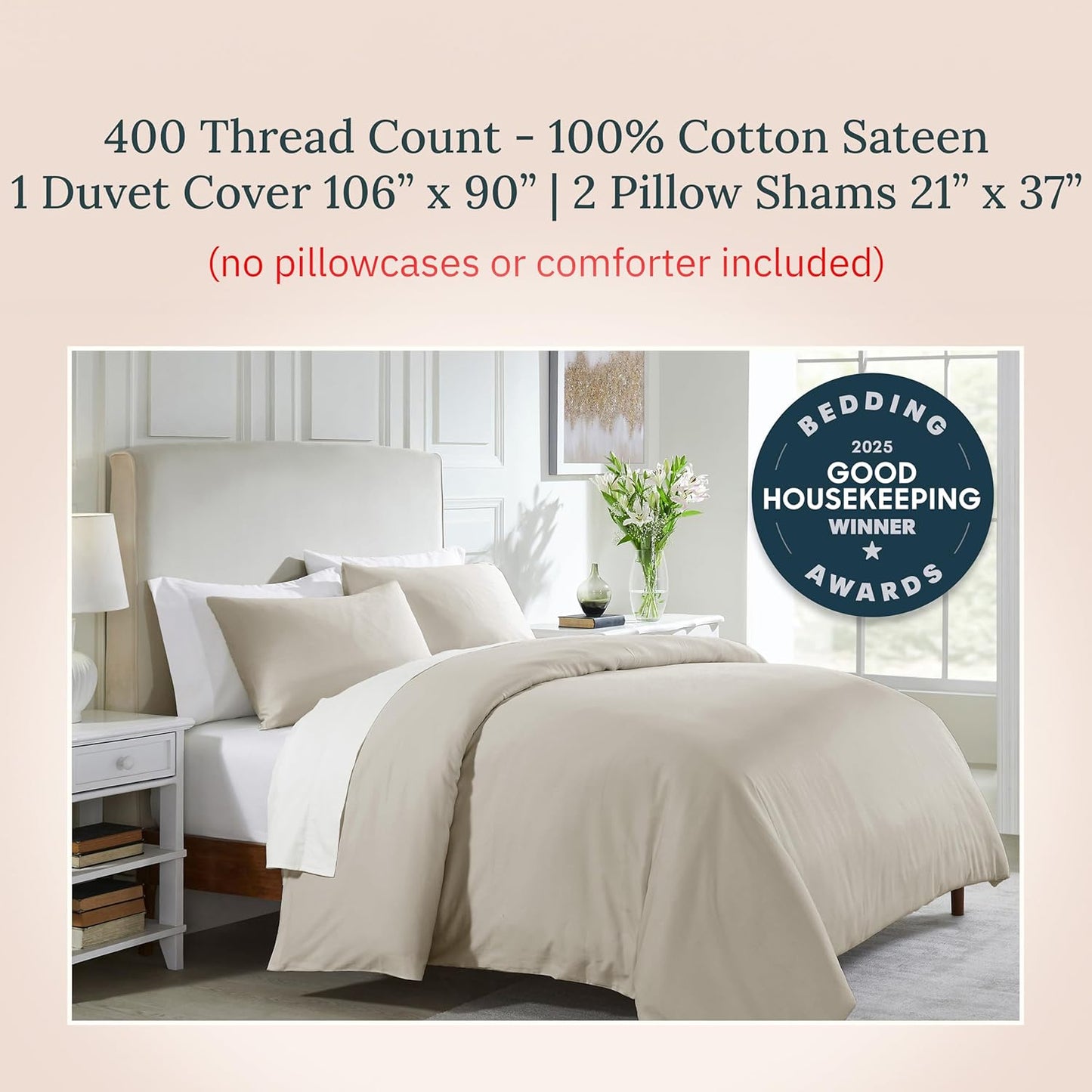California Design Den 3 Pc King Duvet Cover Set - Winner Good Housekeeping Best Bedding Awards 2025, 400 Thread Count Sateen, 100% Cotton King Size Duvet Cover, Soft & Durable - Beige (Golden Tone)