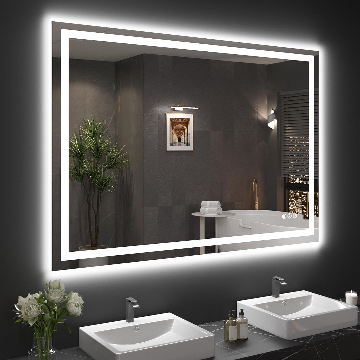 48"X36" LED Bathroom Mirror with Front Lights and Backlit, Anti-Fog, Dimmable, Shatter-Proof Tempered Glass, Lighted Bathroom Vanity Mirror for Wall with 3 Colors, Memory Function