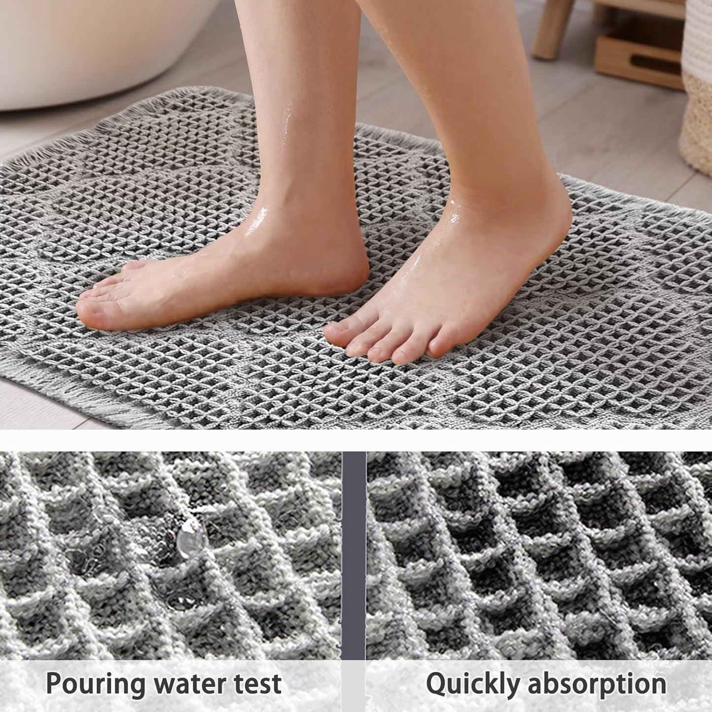 ZALL Waffle Bath Mat,Super Absorbent Non Slip Bathroom Rug,Grey 24X72inch, Geometric Diamond Machine Washable Ultra Soft Floor Mats Gray