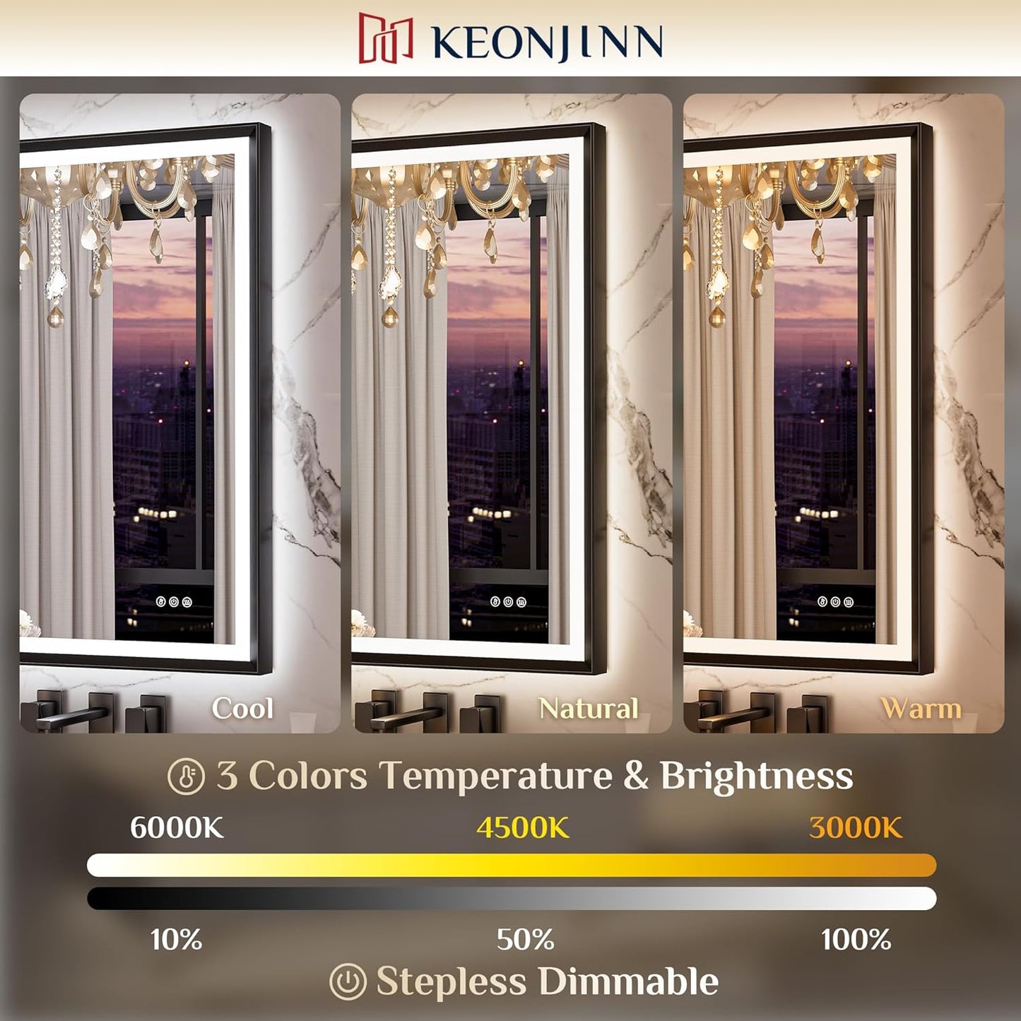 Keonjinn 72 x 36 Inch Bathroom Mirror with Frontlit & Backlit, Black Metal Framed Beveled Edge Mirror, Large LED Mirror with Anti Fog for Wall, Stepless 3-Color Temperatures, UL-Listed Driver