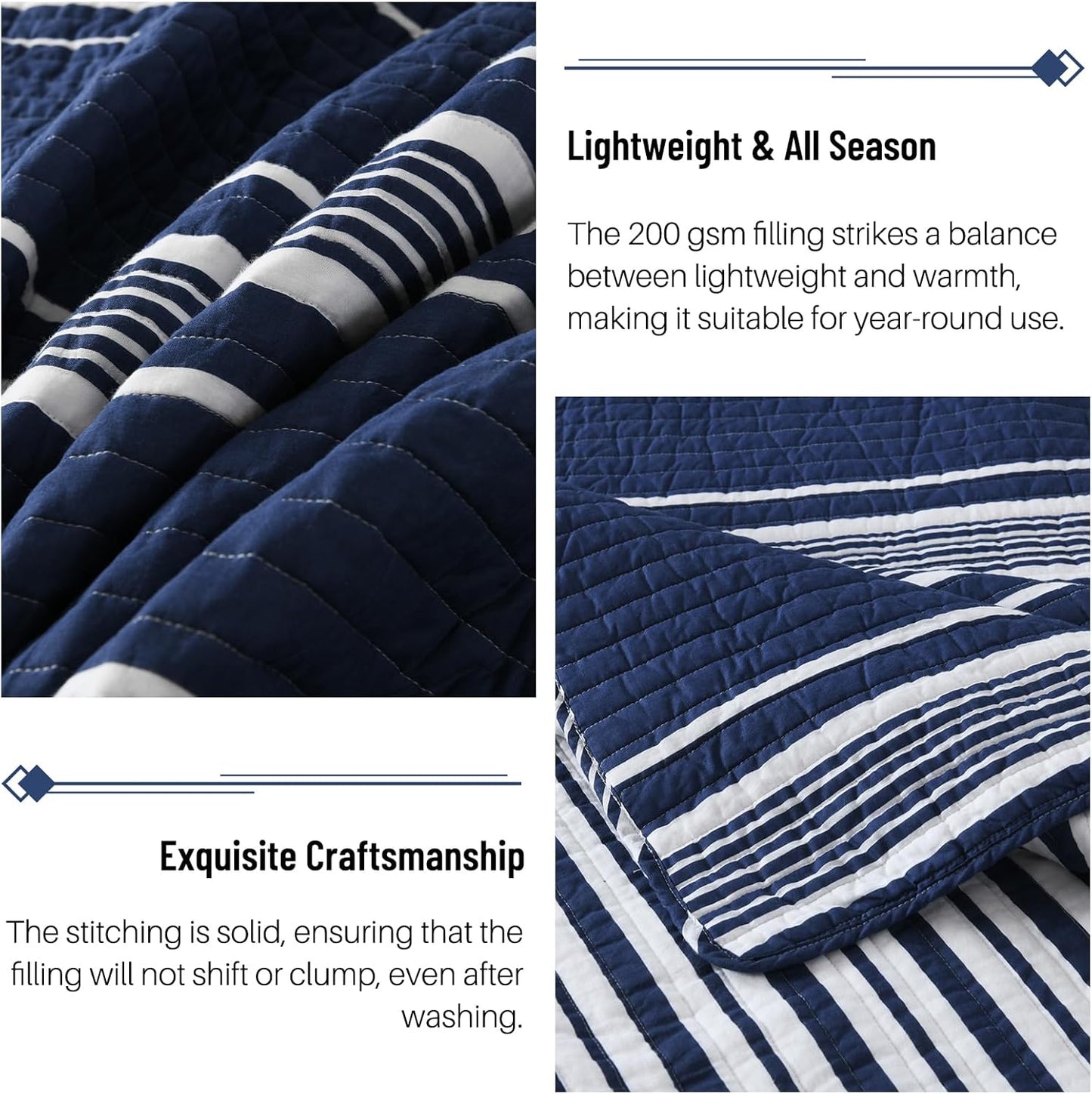 Striped Queen Size Quilt - 100% Cotton Navy Blue White Striped Modern Boys Men Unisex Quilt Bedspread for Queen Bed, Lightweight Reversible Quilted Bedding Set with 2 Pillow Shams, All Season