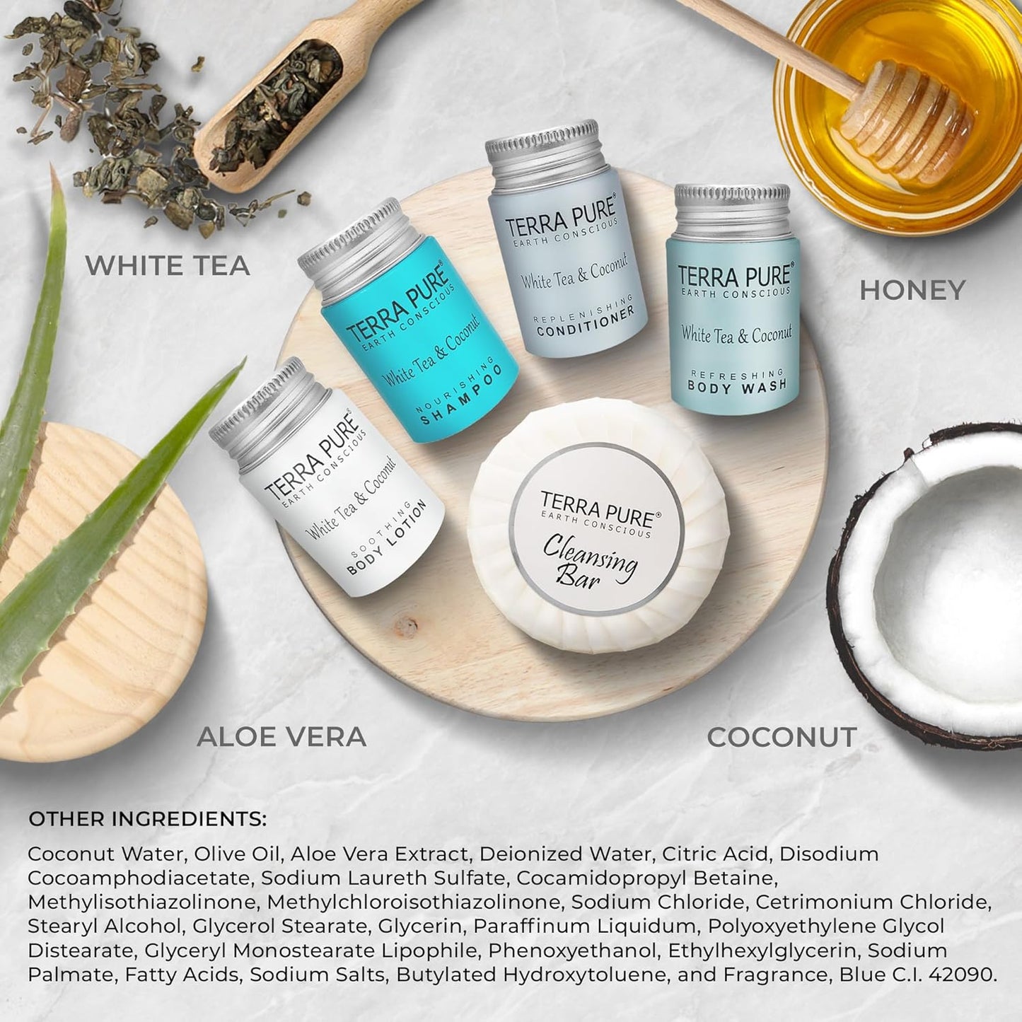 Terra Pure White Tea & Coconut Toiletries Set | 1-Shoppe Amenities Kit | 1oz Shampoo & Conditioner, Body Wash, Lotion, 1.25oz Bar Soap | Travel Size | 300 Pieces