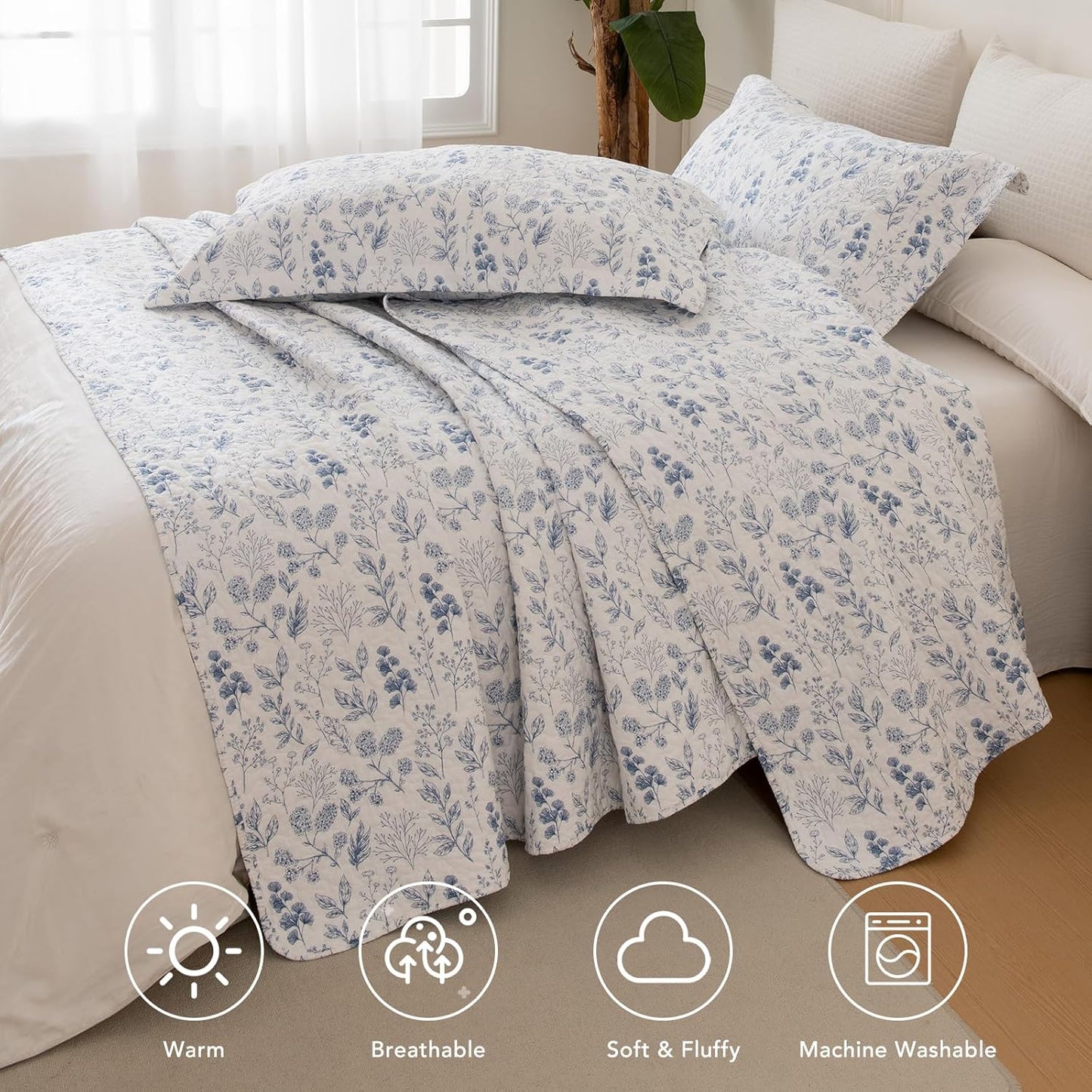 Lady Ann Queen Size Cotton Quilt Sets - Blue and White Floral & Leaves Pattern Botanical Printed Quilted Bedding, 3 Pcs Lightweight Soft Bedspread Sets Queen Coverlet for All Season