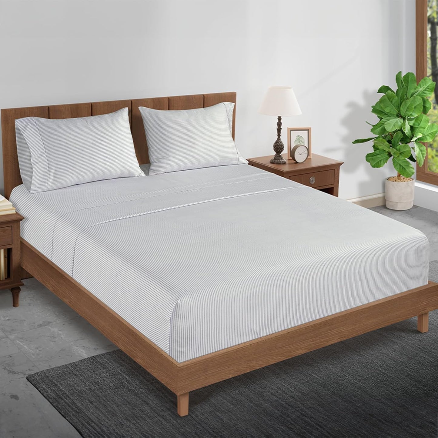 LANE LINEN Cal King Sheets – 450 Thread Count 100% Cotton Bedding Sheets & Pillowcases, Soft Sateen Weave, 15” Deep Pocket Fully Elasticized Fitted Sheet, Luxury Hotel Bedding, Ticking Stripe