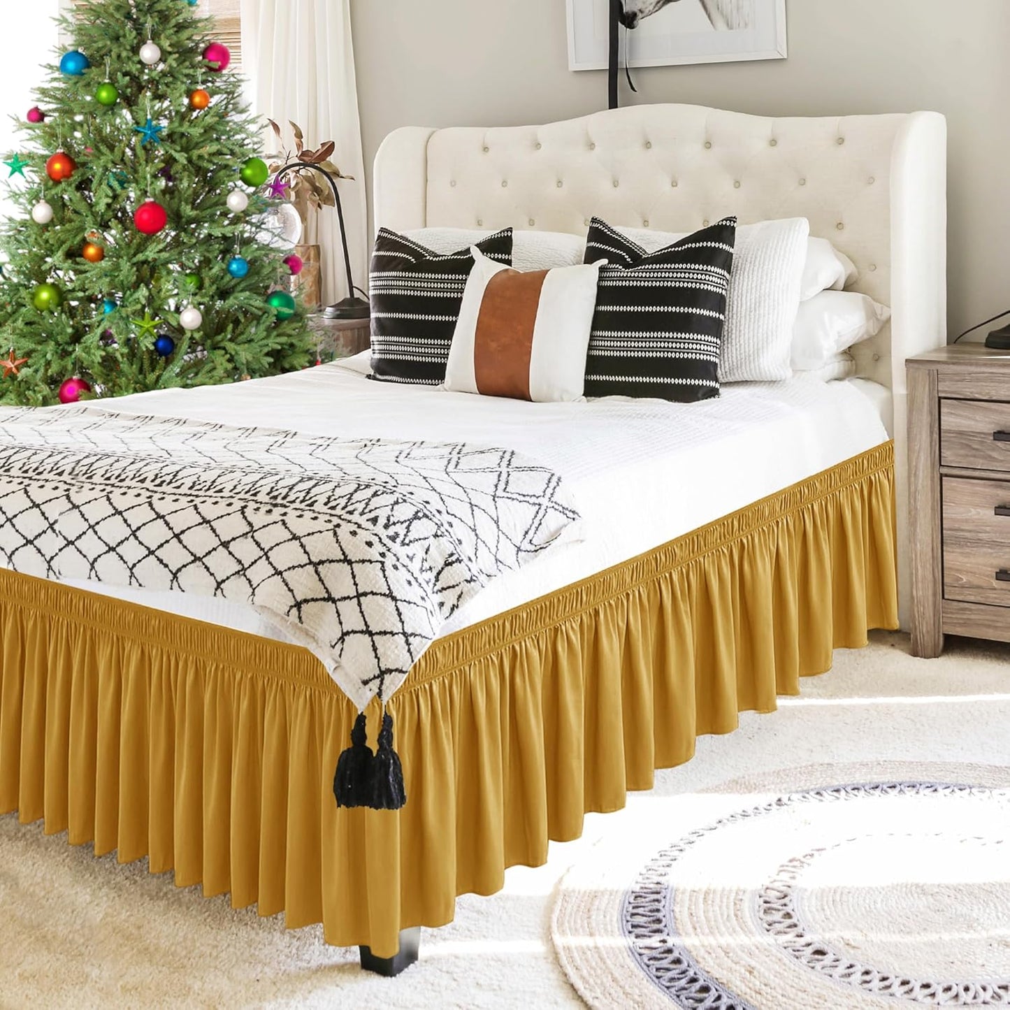 Biscaynebay Wrap Around Bed Skirts for Queen Beds 17" Long Drop, Gold Adjustable Elastic Dust Ruffles Easy Fit Wrinkle Resistant Silky Luxurious Fabric Machine Washable