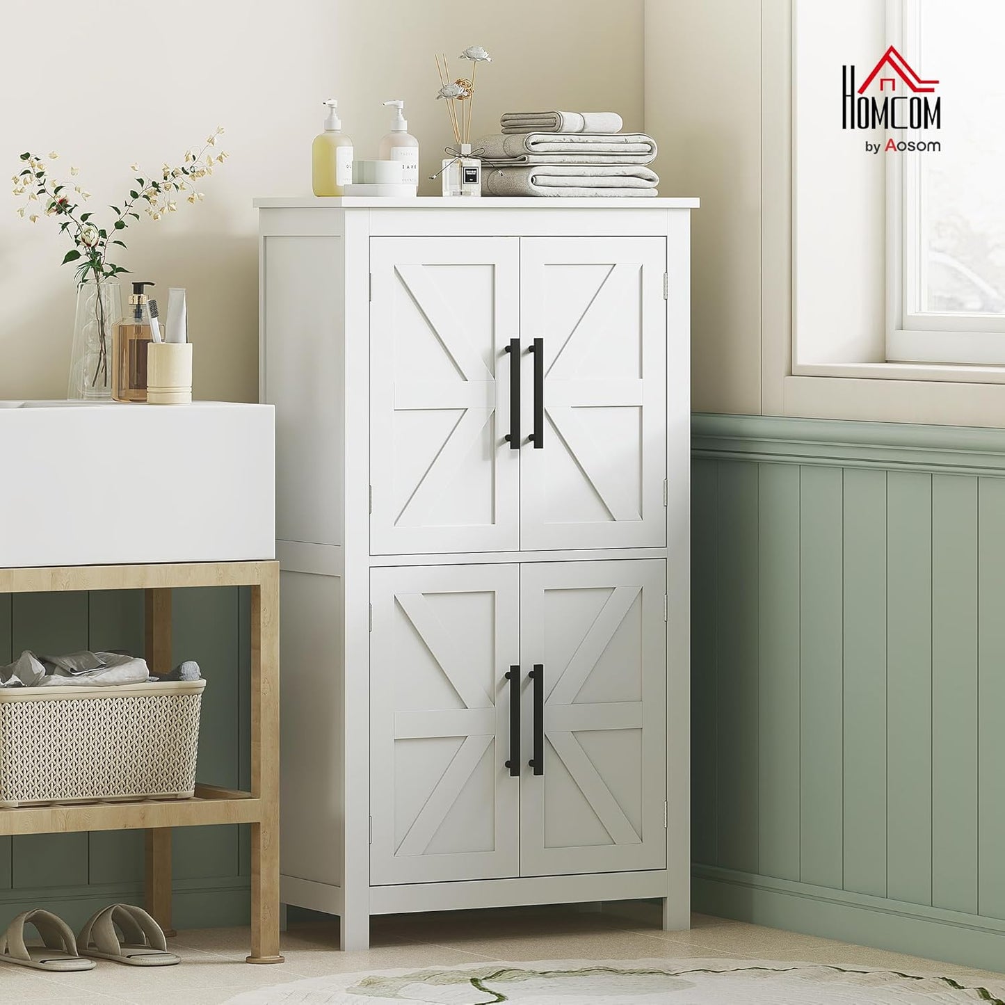 HOMCOM Farmhouse Bathroom Storage Cabinet with 4 Barn Doors, Bathroom Floor Cabinet with 2 Adjustable Shelf, Freestanding Storage Cupboard, White