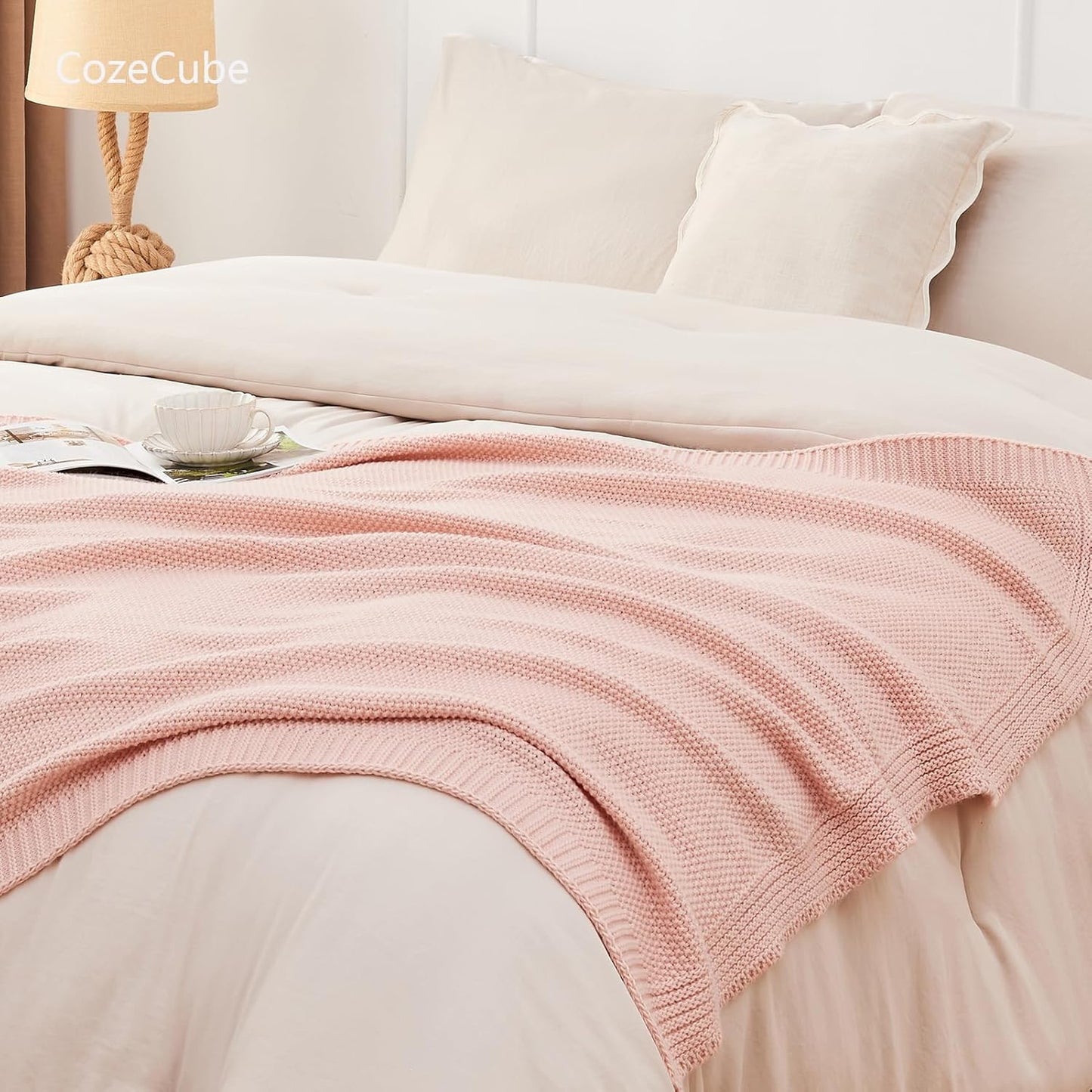 CozeCube Pink Throw Blanket for Couch, Soft Cozy Cable Knit Throw Blanket for Bed Sofa Living Room, Lightweight Warm Decorative Farmhouse Christmas Blanket, 60"x80", Pink