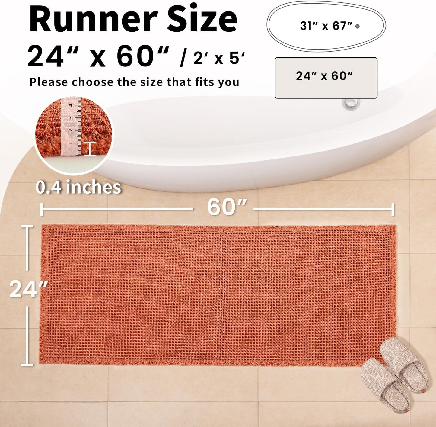 Waffle Runner Bath Mat - Long Boho Bathroom Rugs Non Slip Washable, Super Absorbent & Quick Dry, Soft Bath Mat Farmhouse Bathroom Decor, 24'' x 60'', Dirty Orange