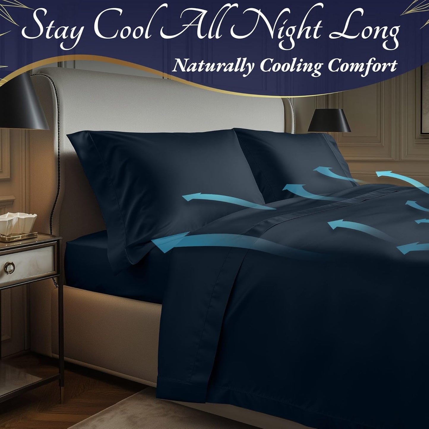 DECOLURE 100% Viscose Derived from Bamboo Sheets Full Size 4pcs - Ultra Soft & Luxuriously Cooling, 17" Deep Pocket, Double Stitching, Perfect for Hot Sleepers - Full Bed Sheets (Navy Blue)