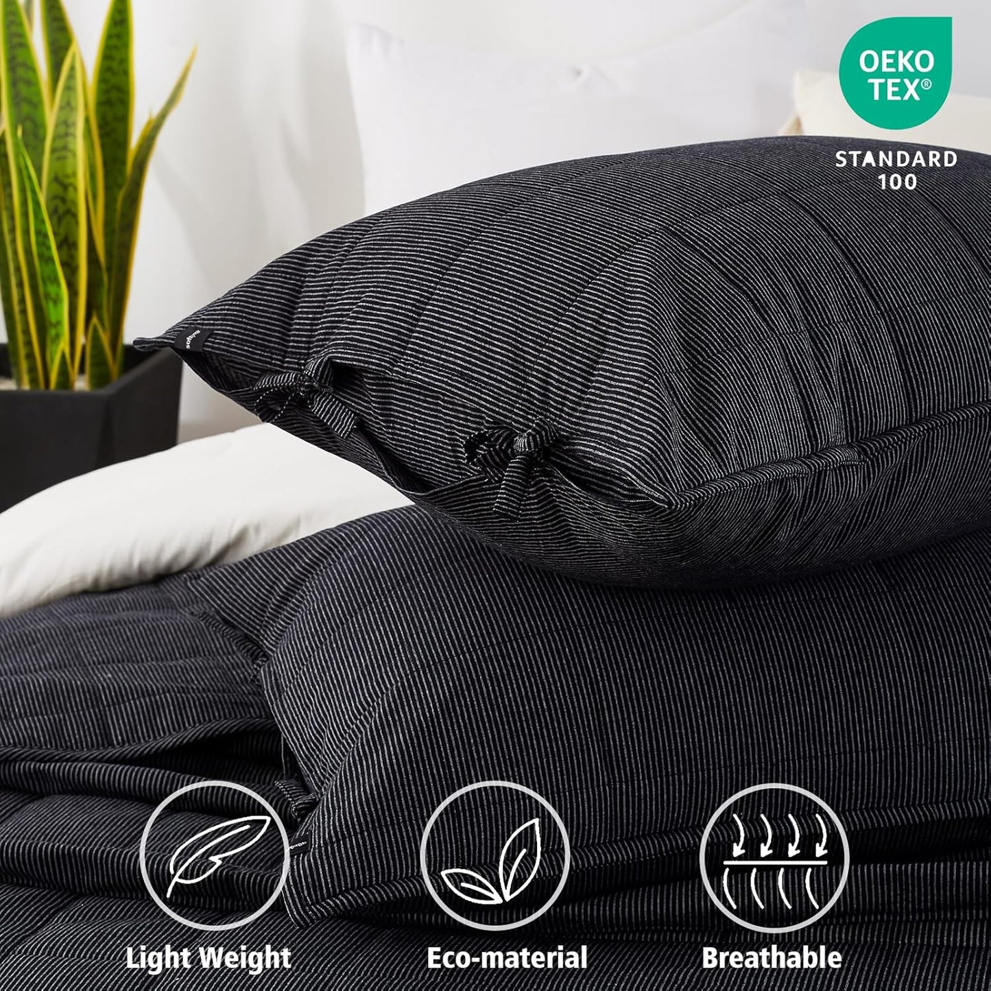 Midnight Pinstripe Quilts Queen Size, Cotton Queen Quilt Set Stone Washed with Black Stripe Bedding Coverlet Light Weight 3-Pieces with 2 Pillow Shams