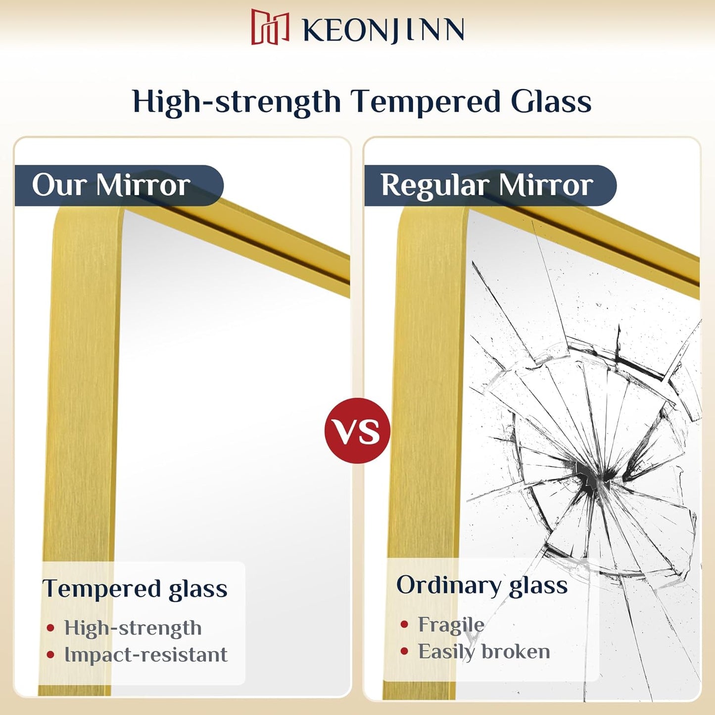 Keonjinn Gold Bathroom Vanity Mirror 48 x 36 Inch Large Rounded Rectangle Vanity Mirror, Brushed Brass Wall Mirror with HD Tempered Glass, Modern Decorative Gold Framed Mirror(Horizontal/Vertical)