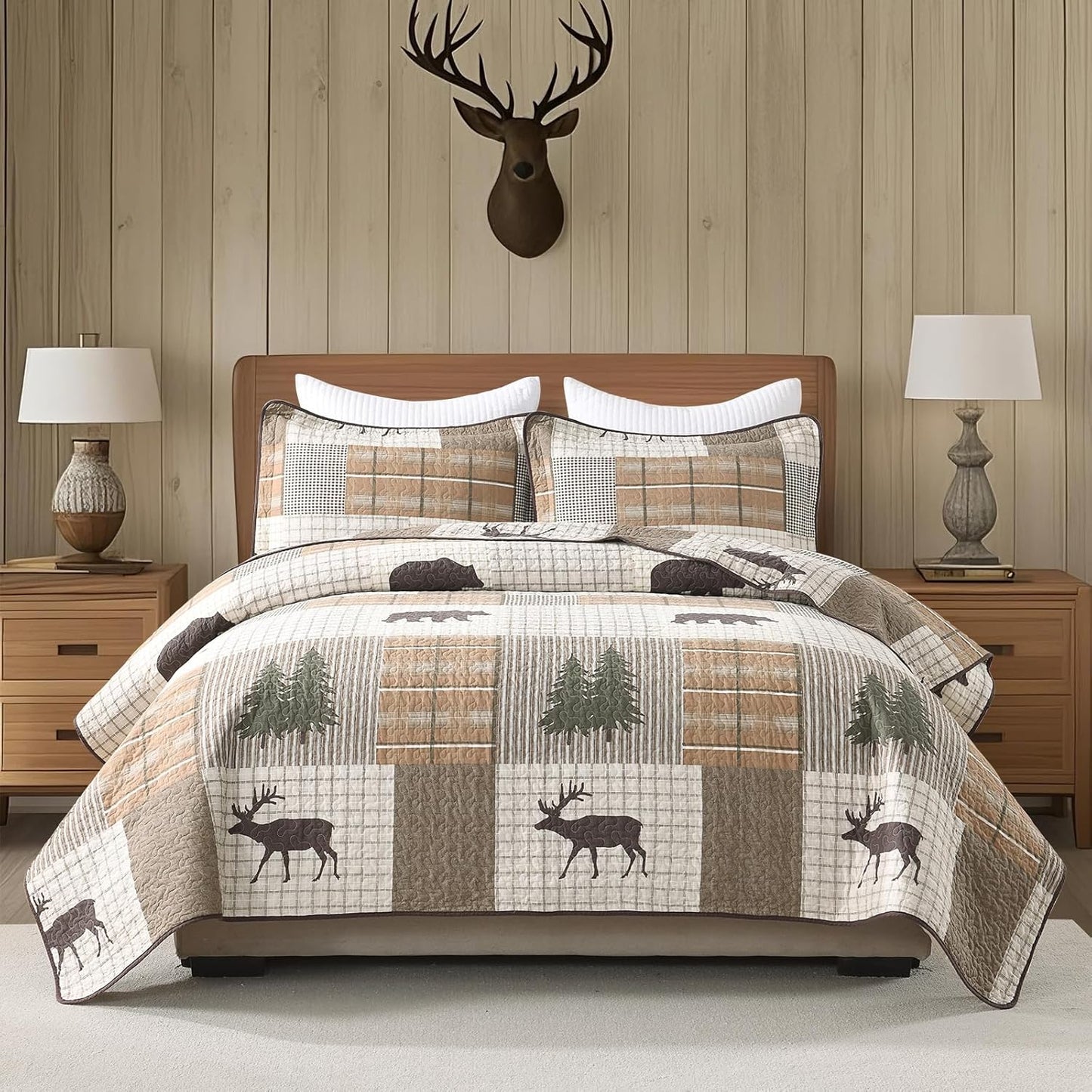 Uniclinens 100% Cotton Quilts King Size - Farmhouse Cabin Lodge Bear Deer Tree King Quilt Set, Soft Patchwork Plaid Bedspread Lightweight Quilted Comforter with 2 Pillow Shams, Green/Brown/Cream