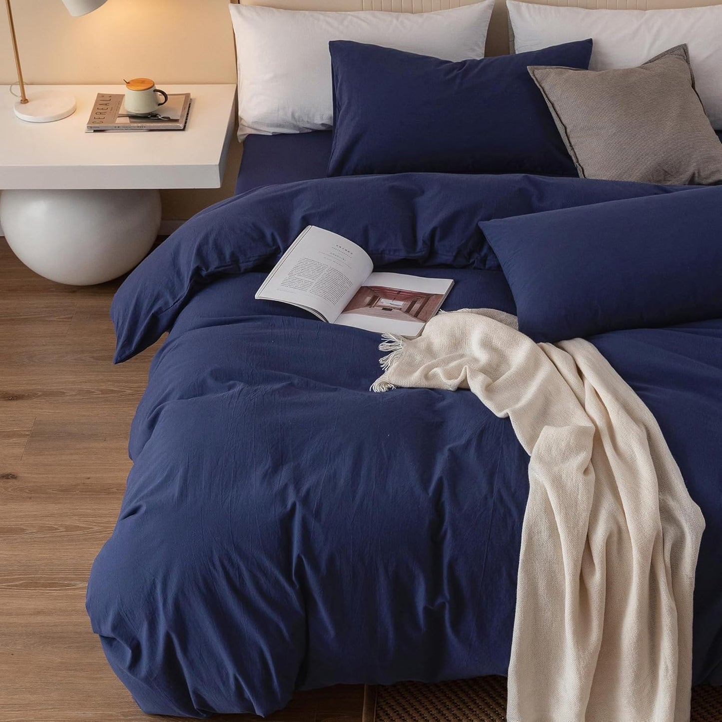 JIYUAN 100% Washed Cotton Duvet Cover Set 3 Pieces King, 1 Duvet Cover 104x90 Inches(Comforter Not Included) and 2 Pillowcases,Linen Feel Bedding Set Comfy and Breathable,Navy Blue