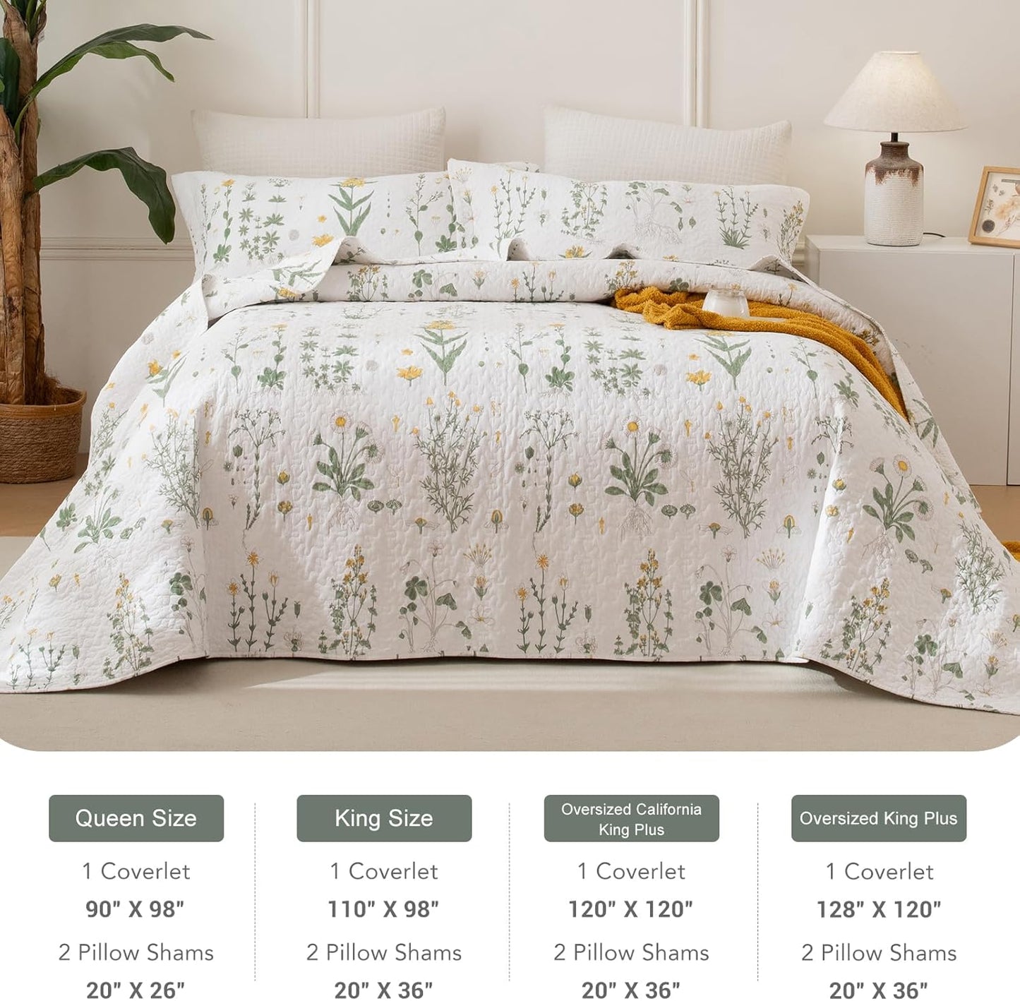 Lady Ann Cotton King Size Quilt Set - Yellow Floral & Green Leaves Pattern Botanical Printed Quilted Coverlet, 3 Pcs Lightweight Soft Cottagecore King Bedspread Set Shabby and Chic Bedding