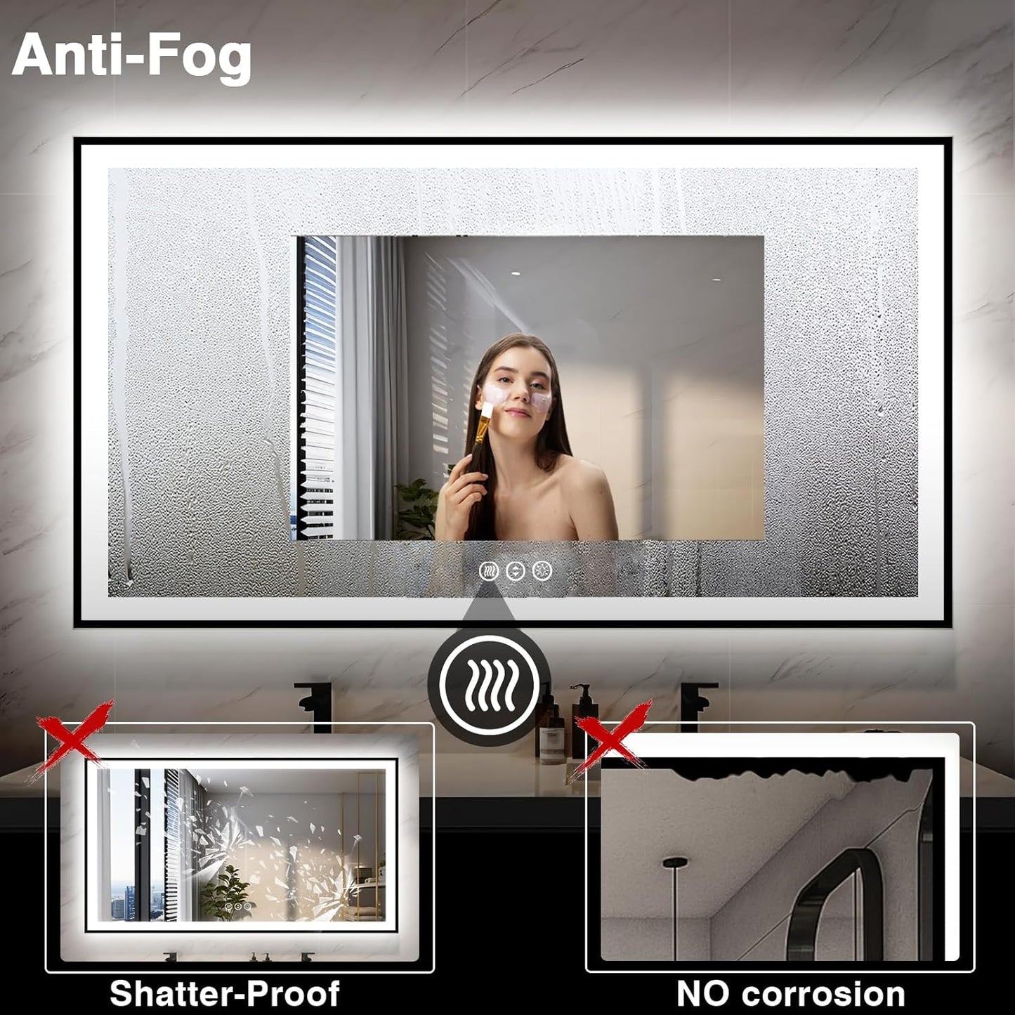 72x40 Large LED Bathroom Mirror with Lights -Black Aluminum Rimmed (Front and Backlit),Fogless Mirror with Lights,Stepless Dimmable Lighted Mirror,3 Colors Smart Mirror(Horizontal/Vertical)