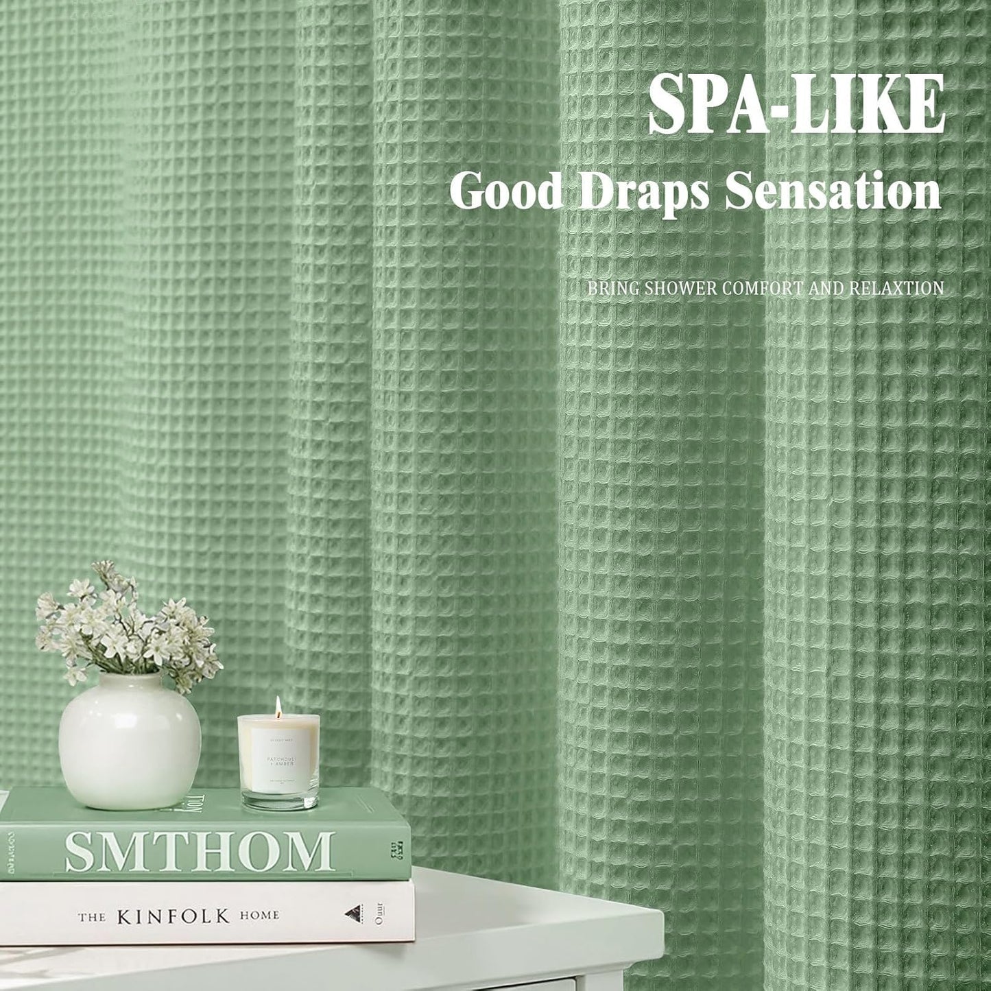 Stall Waffle Shower Curtain - Sage Green Cotton Fabric Texture Heavyweight Shower Curtain for Narrow Bathroom,Washable,48Wx72L