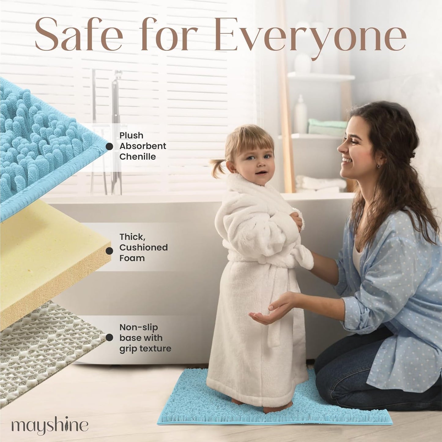 MAYSHINE Plush Shaggy Chenille Bath Mat | Extra Soft, Super Absorbent, Non-Slip Bathroom Rug | Fluffy Microfiber, Area Rug Sets for Bathroom Floor, Kitchen, Living Room | 71"x31" | Spa Blue