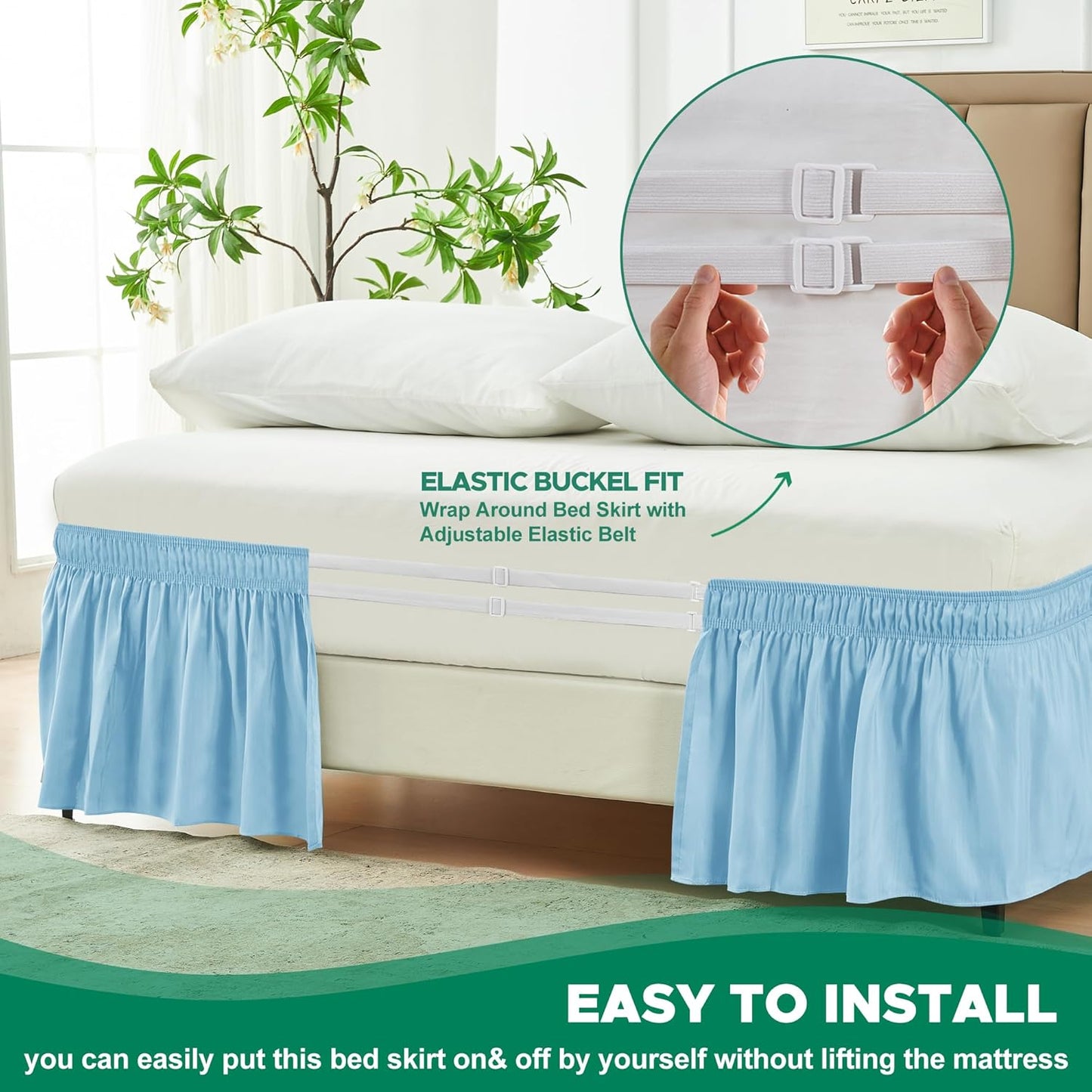 Biscaynebay Wrap Around Bed Skirts for Twin & Twin XL Beds 15" Drop, Light Blue Adjustable Elastic Dust Ruffles Easy Fit Wrinkle & Fade Resistant Silky Luxurious Fabric Machine Washable