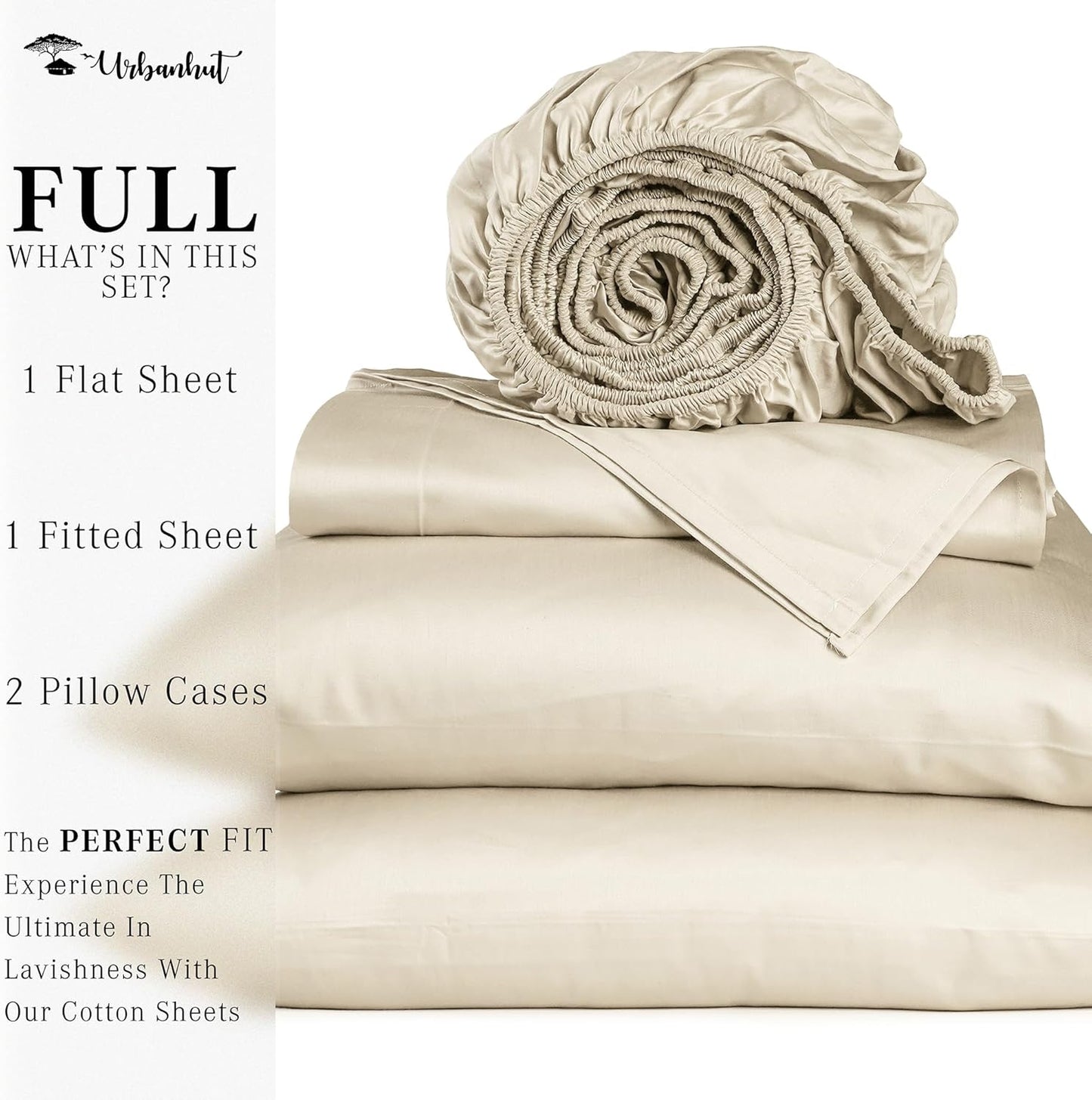URBANHUT 1000 Thread Count Full Size Egyptian Cotton Bedsheets, Long Staple Soft & Breathable Sheets For Full Size Bedding, 4 Pc Bed Sheet Sets, Luxury Hotel Sateen Sheets Fits 16" Deep Pocket - Ivory