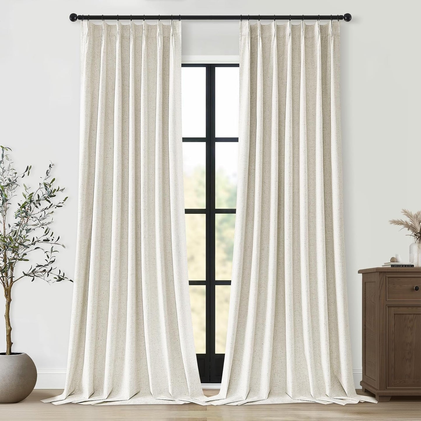 Topfinel 102 Inches Long Custom Blackout Linen Curtains, Pinch Pleated Noise Cancelling Curtains with Pin Hooks for Traverse Rods, Burlap Viral Drapes 2 Panels for Living Room Master Bedroom