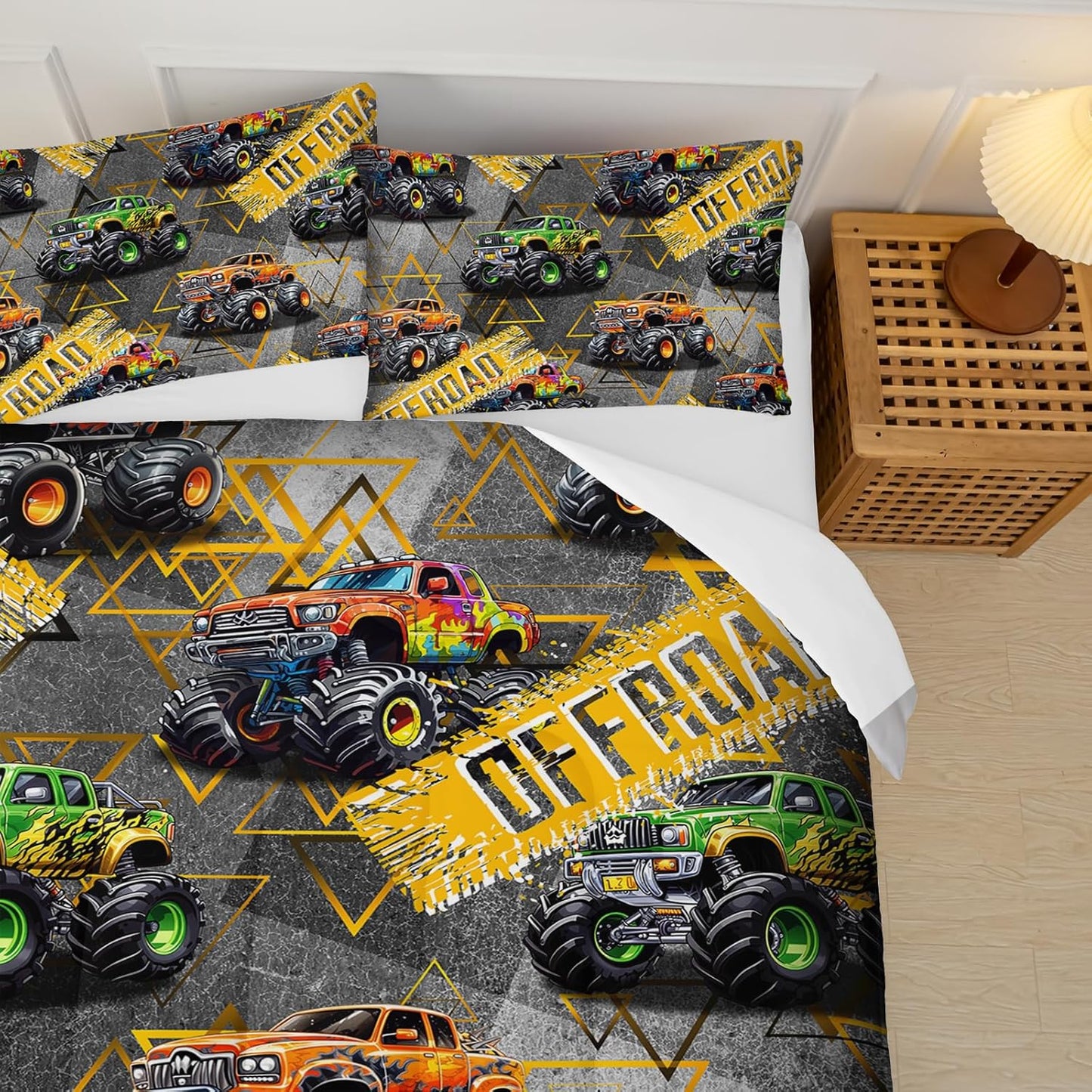 Full Size Monster Truck Comforter Sets for Boys，Monster Truck Full Size Bedding Sets Boys，with 1 Comforter with 2 Pillow Case，Kids Monster Truck Themed Bedroom Decor
