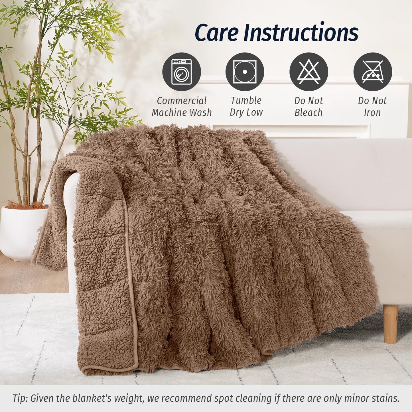 Wemore Shaggy Long Fur Faux Fur Weighted Blanket,Cozy and Fluffy Plush Sherpa Long Hair Blanket for Adult 15lbs,Fluffy Fuzzy Sherpa Reverse Heavy Blanket for Bed,Couch, Brown 48 x 72 Inches
