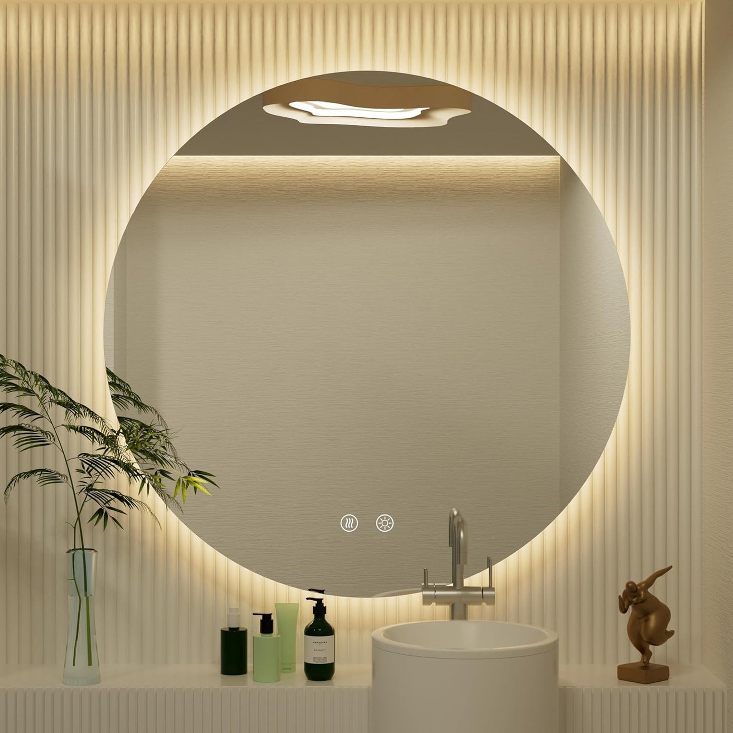 30 Inch Frameless Round Mirror with Light, Round LED Mirror for Bathroom, LED Lighted, Dimmable,Touch, Anti-Fog, Adjustable 3000K/4500K/6000K